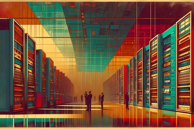 Futuristic data center with rows of servers and