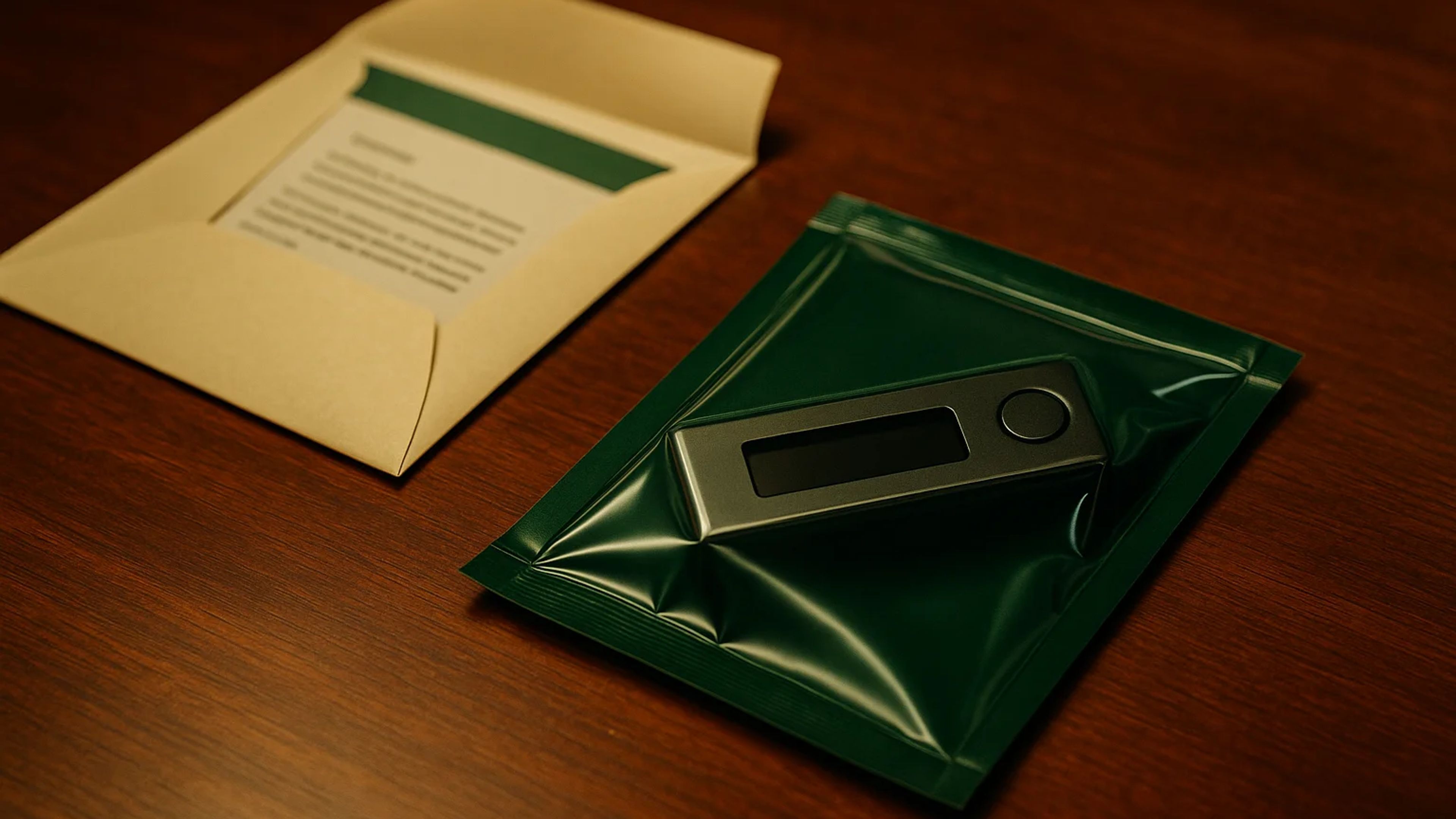 A black device in a green sealed pouch beside a