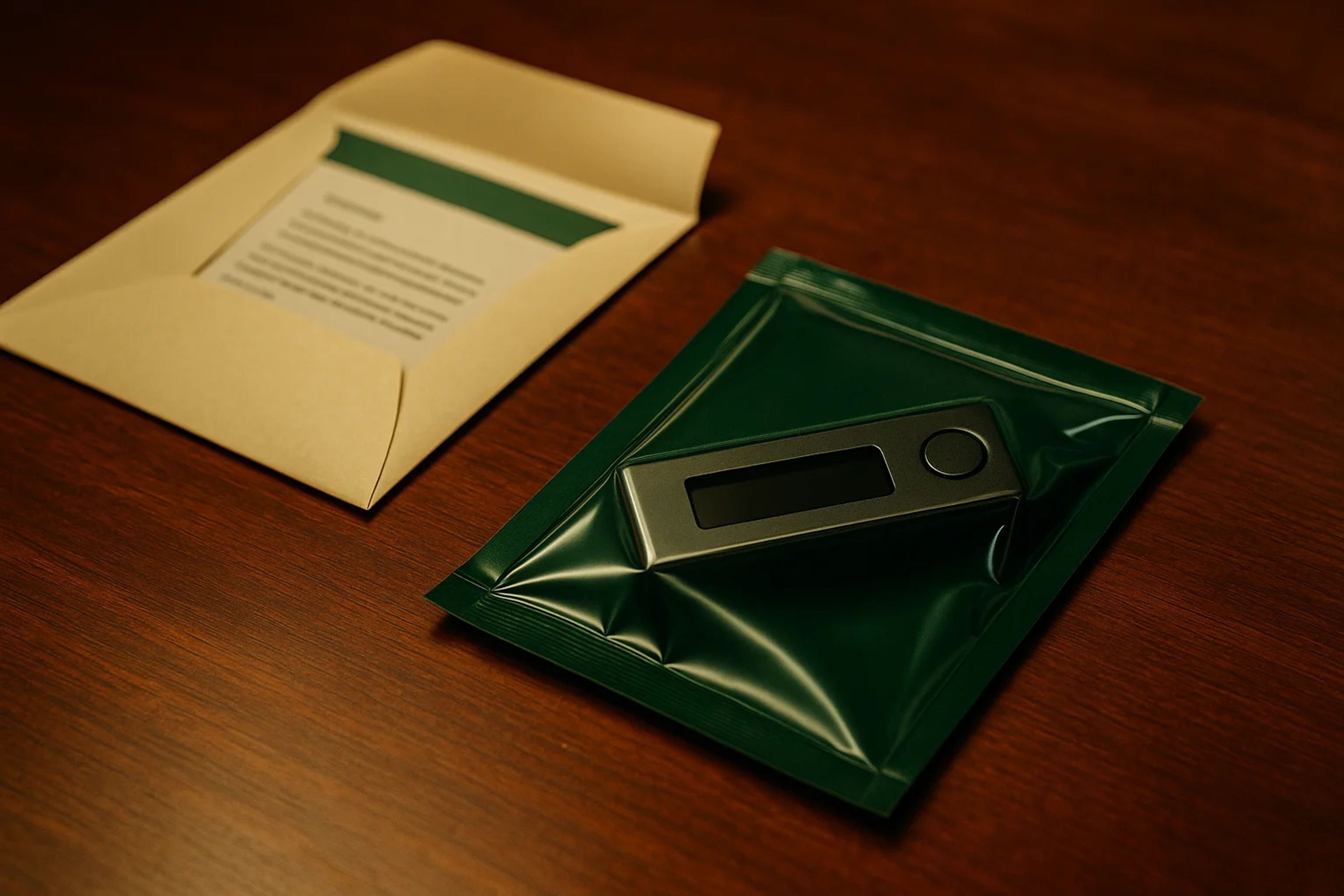 A black device in a green sealed pouch beside a