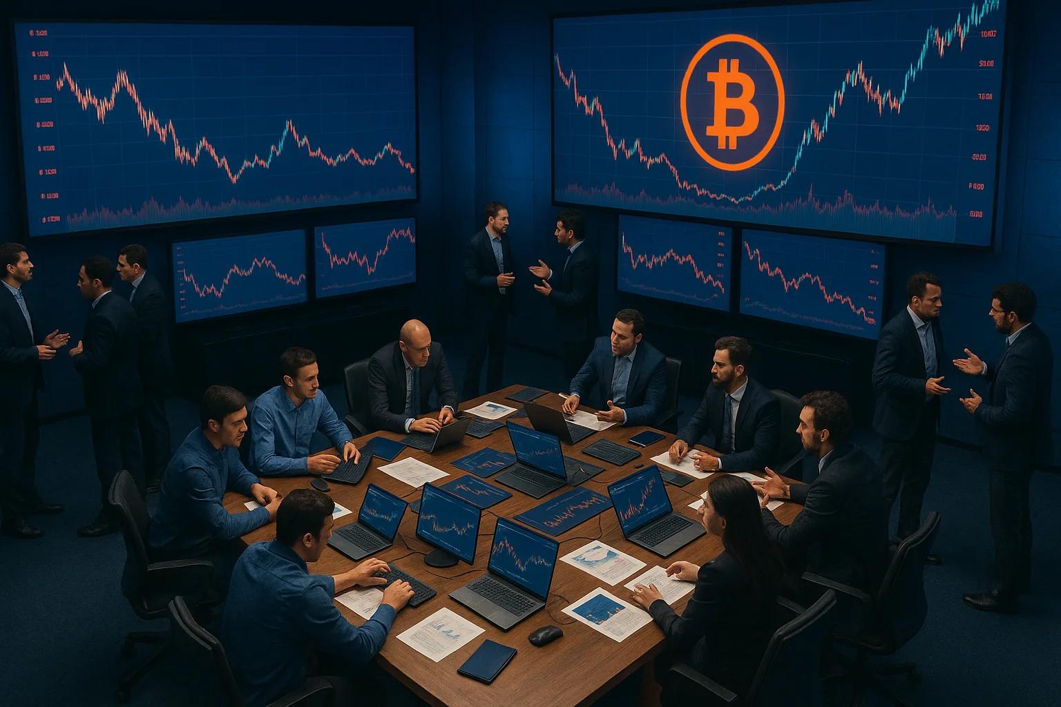 A group of professionals in a dark room analyzing