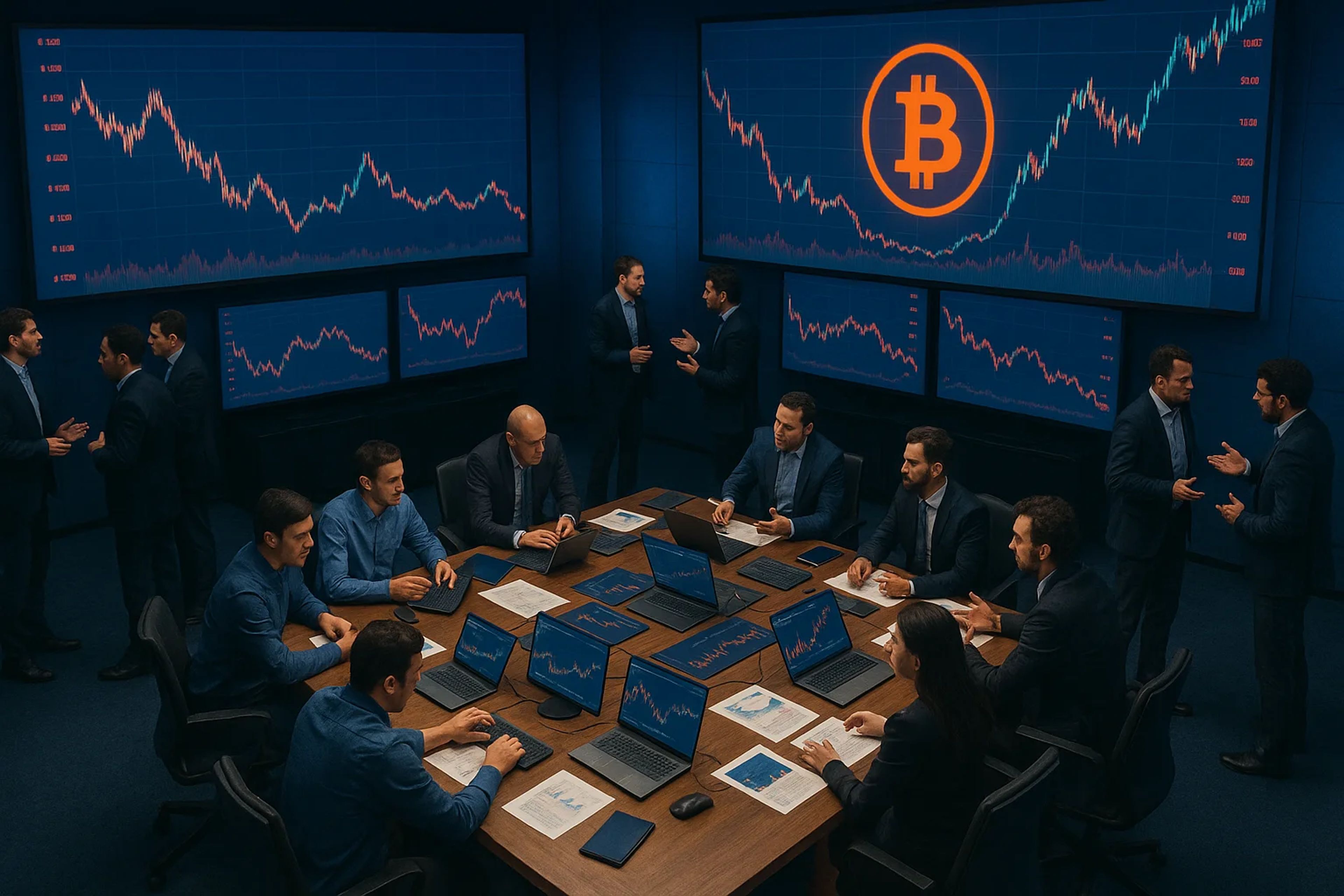 A group of professionals in a dark room analyzing