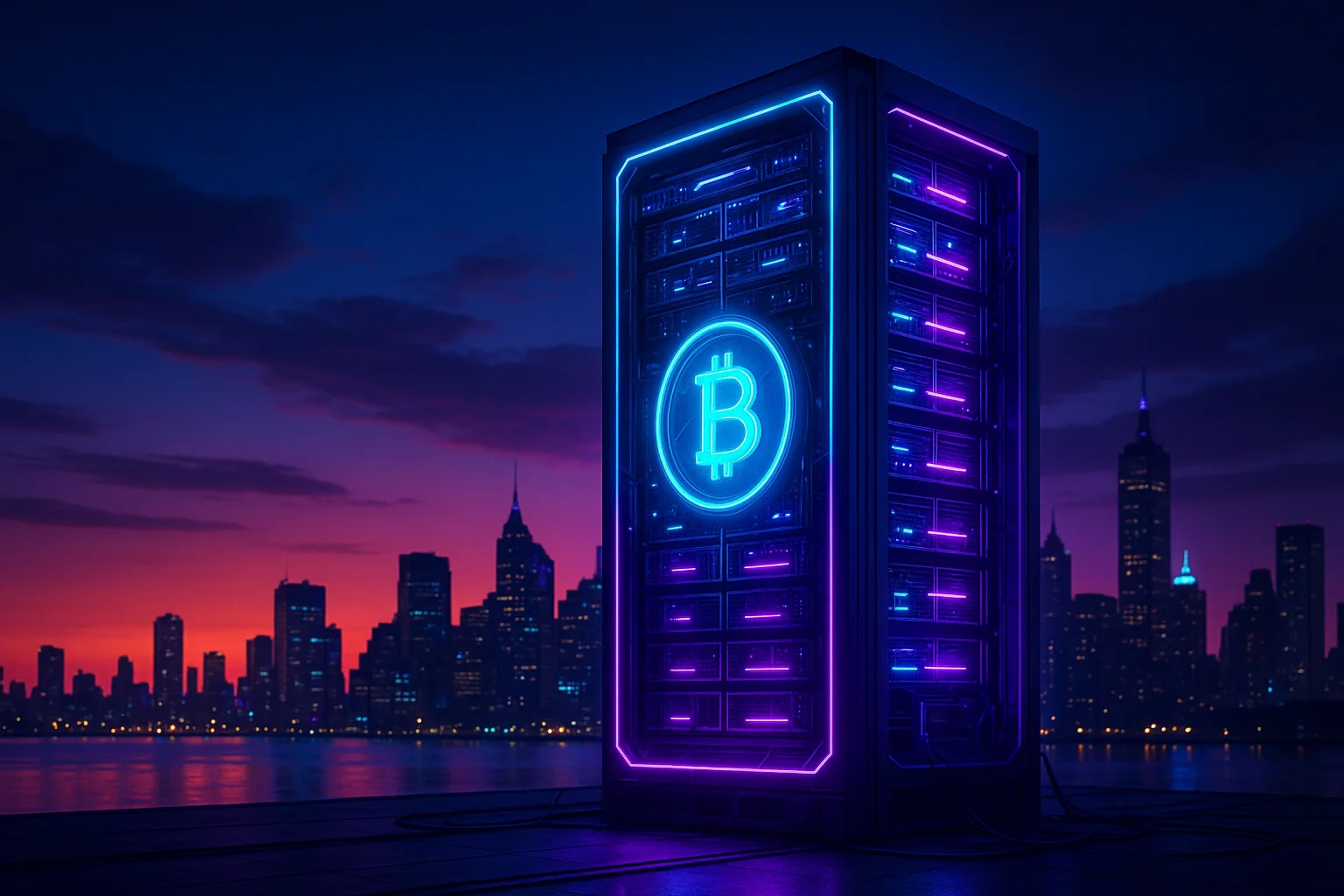 A glowing Bitcoin server against a city skyline