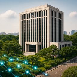 Modern building surrounded by lush greenery
