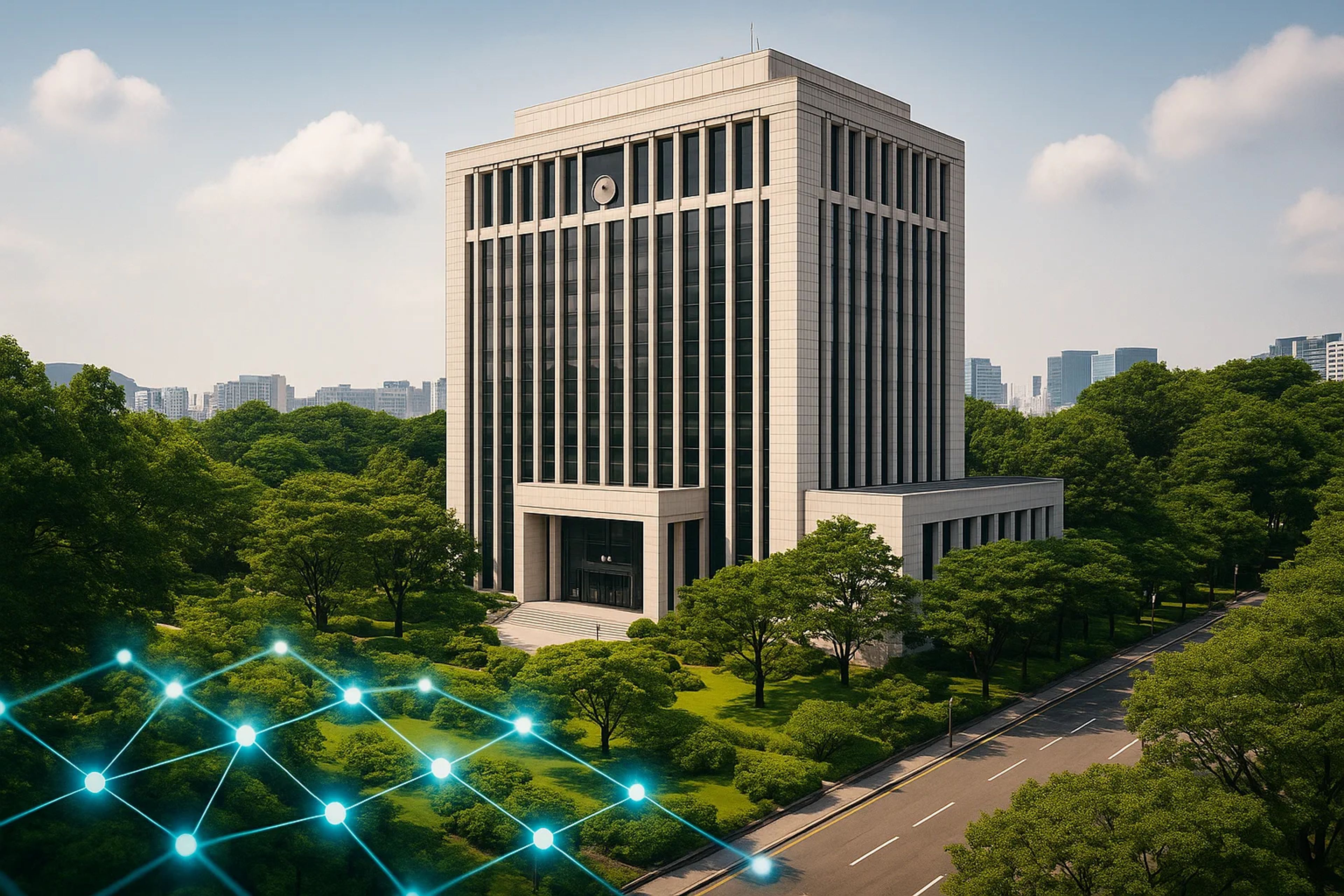 Modern building surrounded by lush greenery