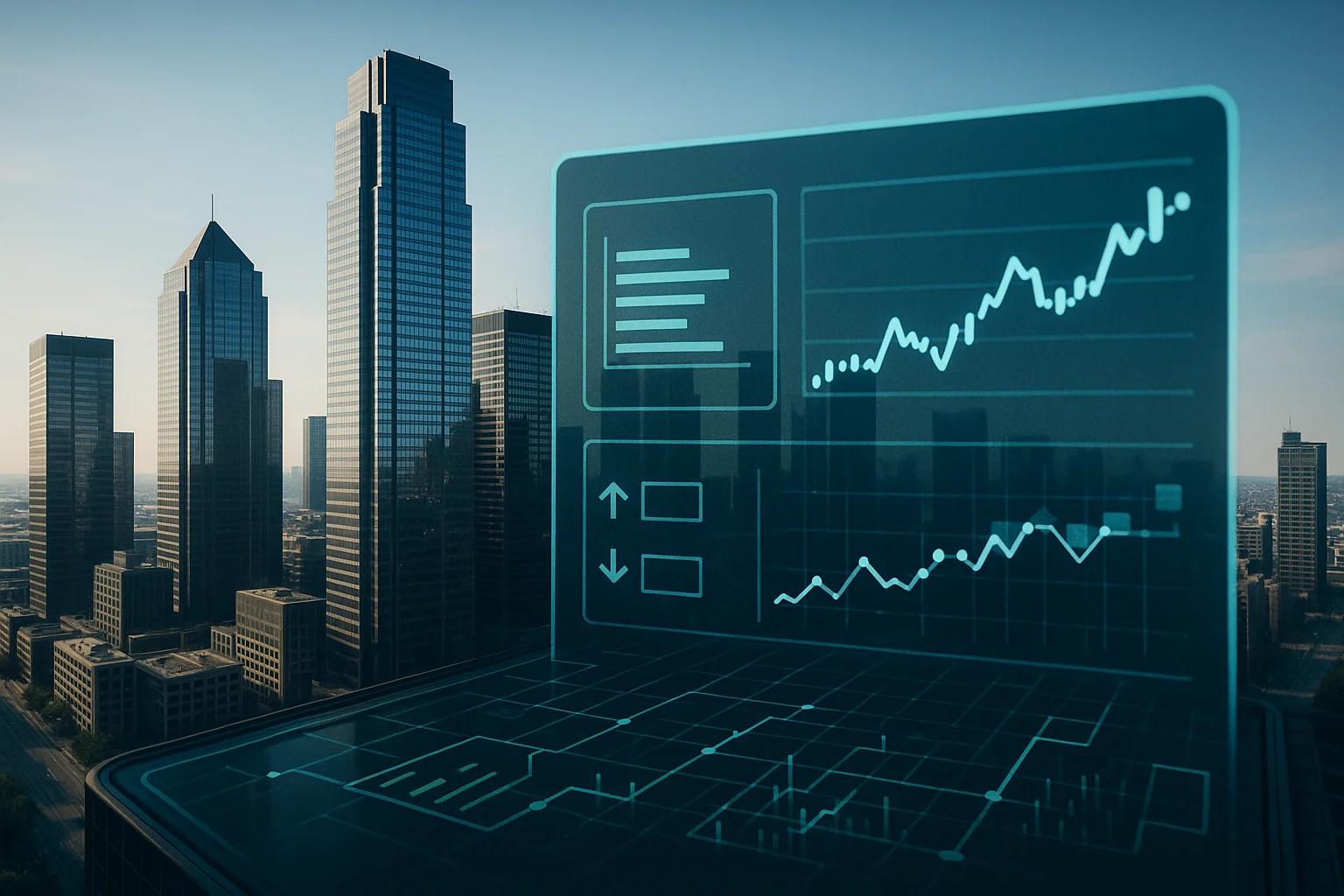 City skyline with skyscrapers and digital graphs
