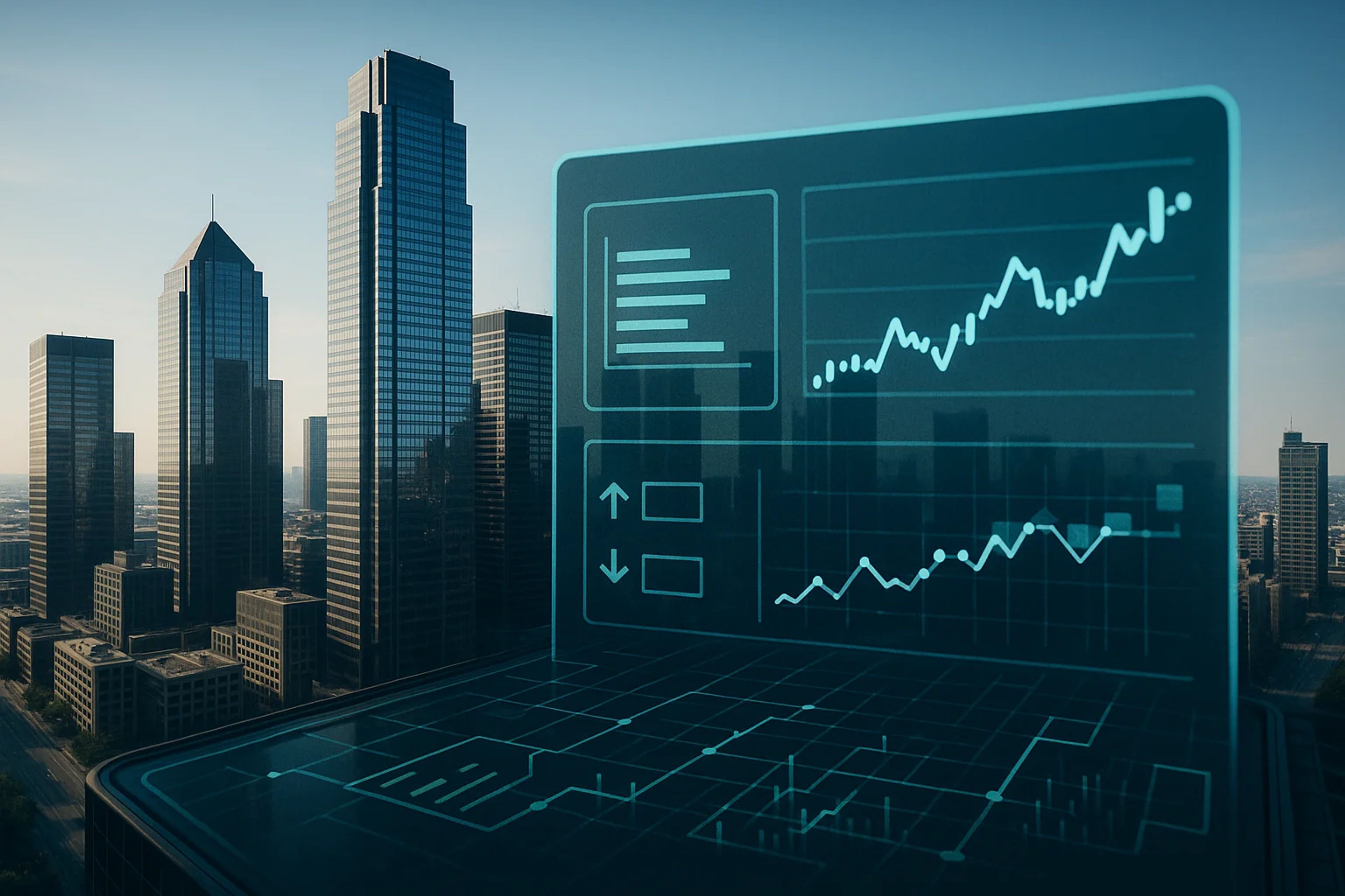 City skyline with skyscrapers and digital graphs