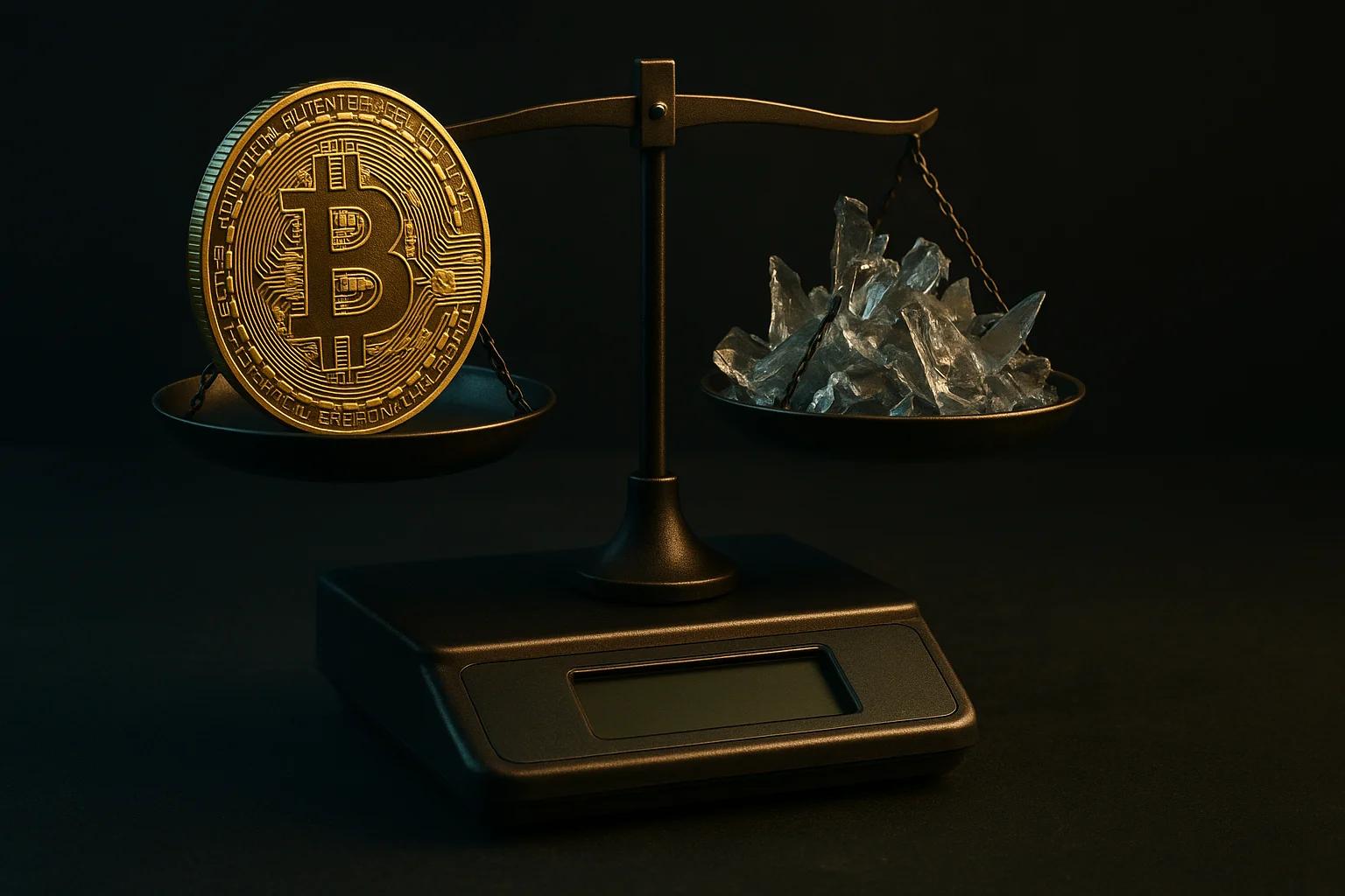 A gold Bitcoin on one side of a balance scale and