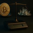 A gold Bitcoin on one side of a balance scale and