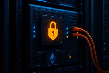 Close-up of a server panel with a glowing lock