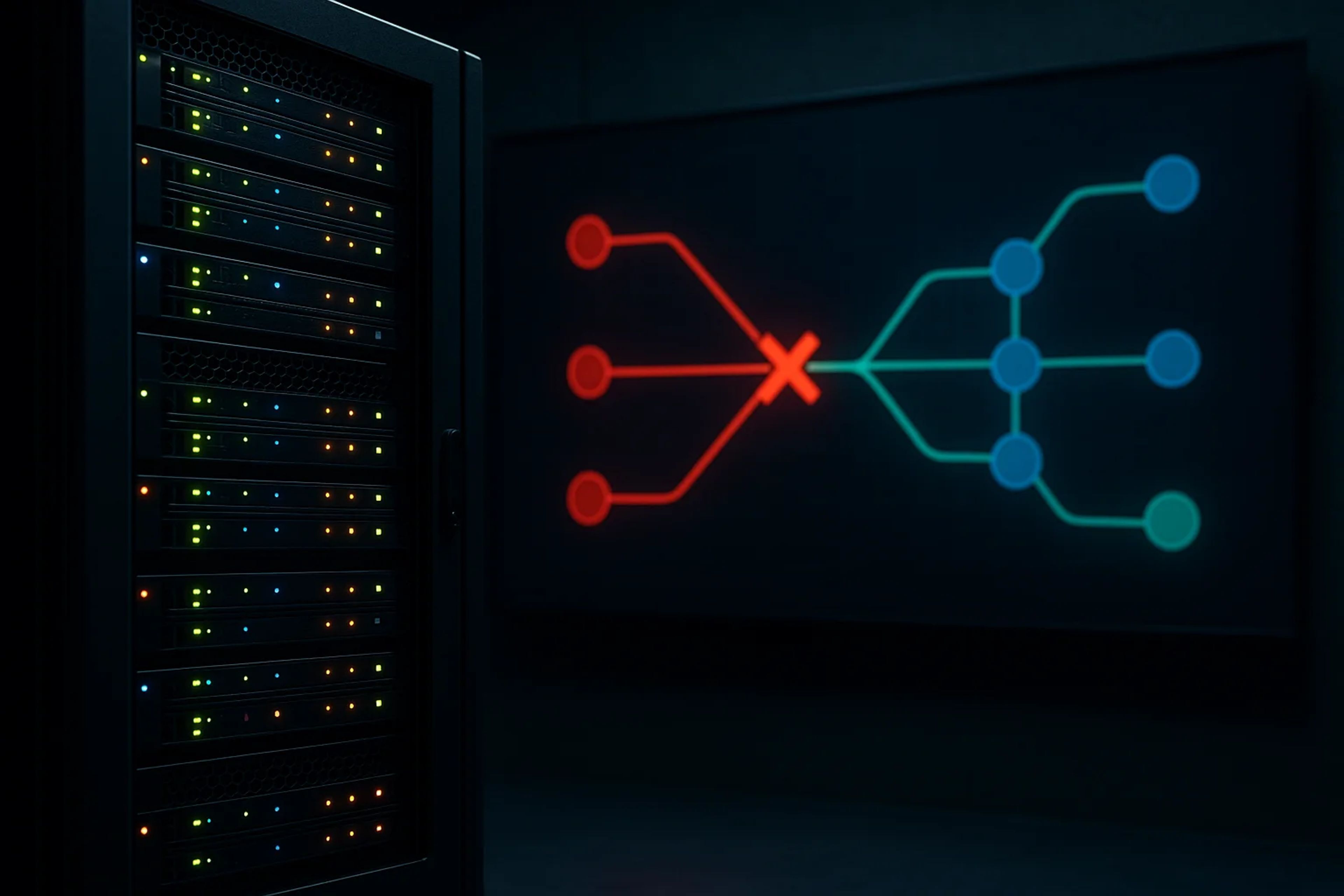 A server rack with illuminated lights beside a