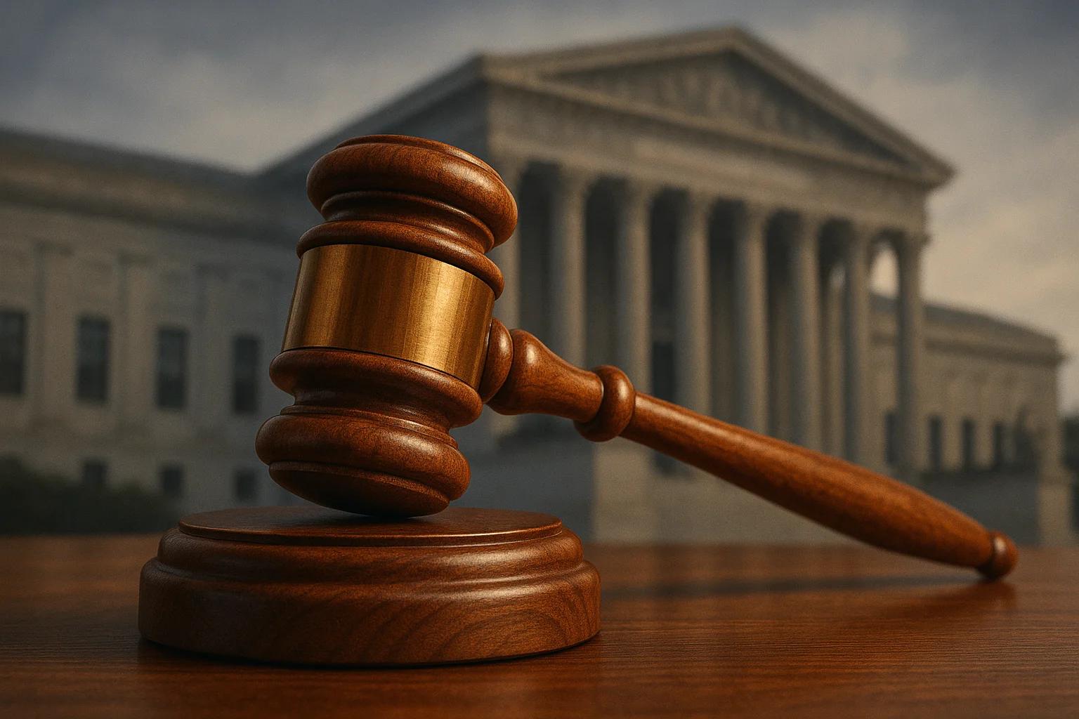 Wooden gavel on a desk with a courthouse in