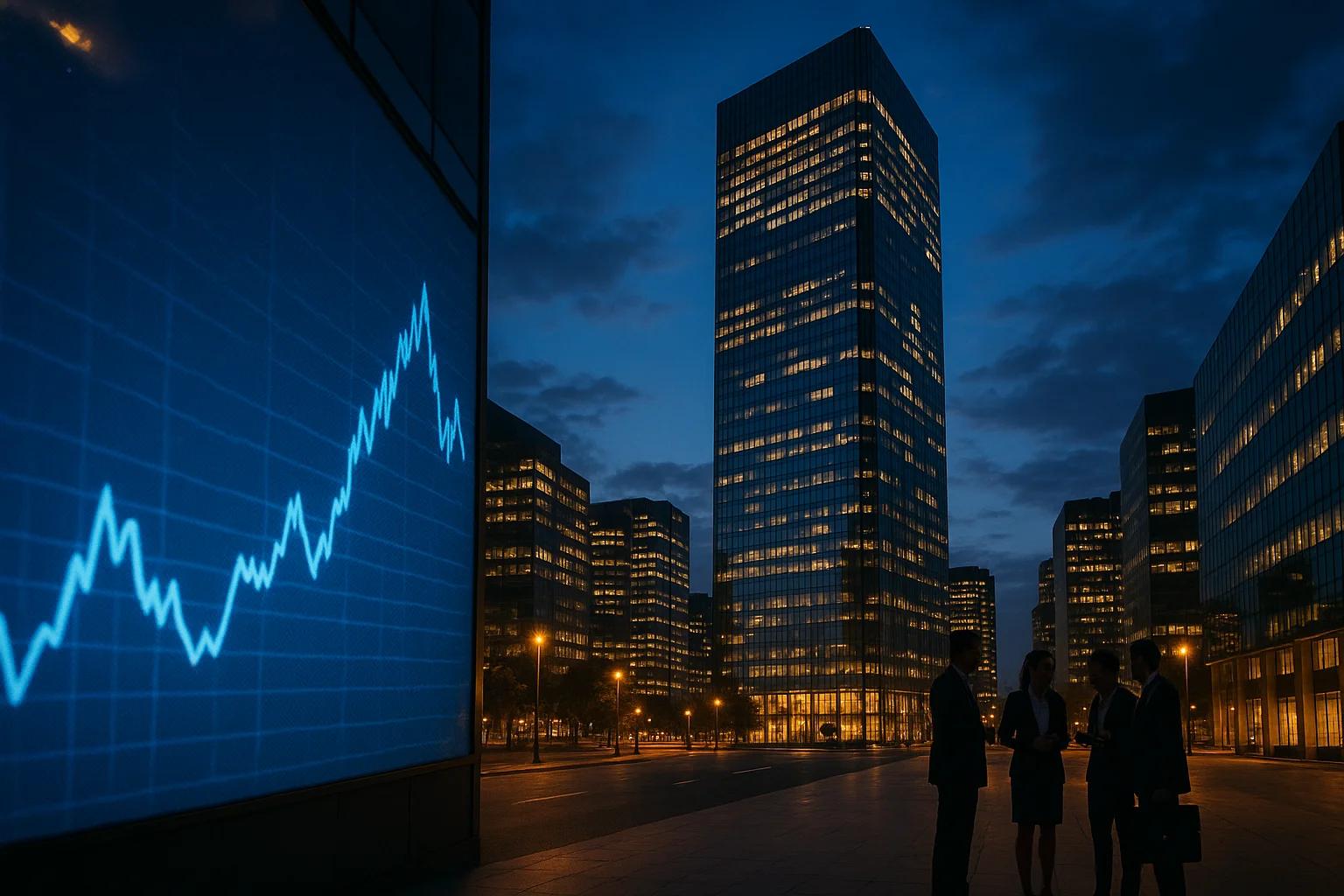 Silhouetted figures in business attire near tall