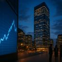 Silhouetted figures in business attire near tall