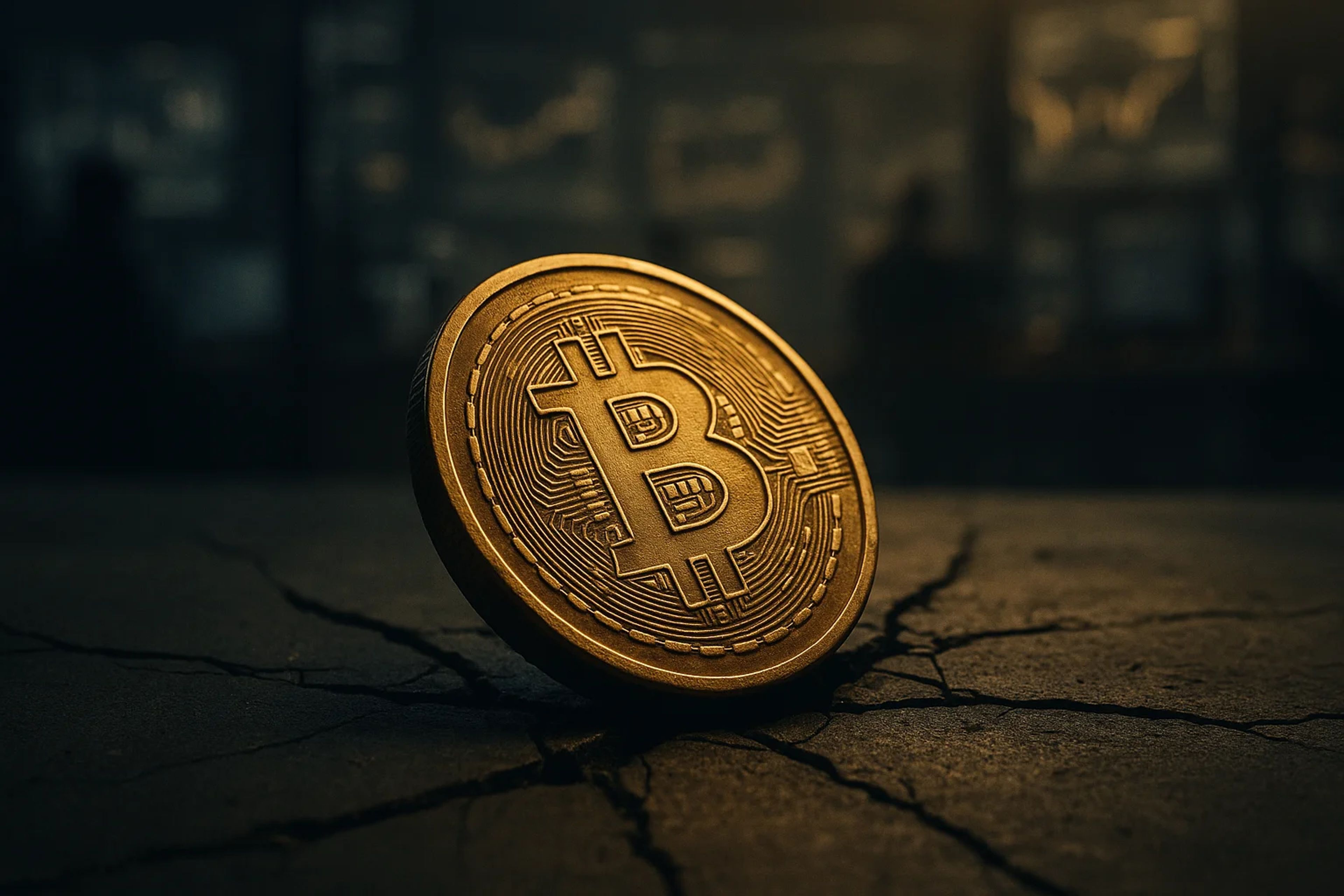 A golden Bitcoin coin leaning on a cracked surface