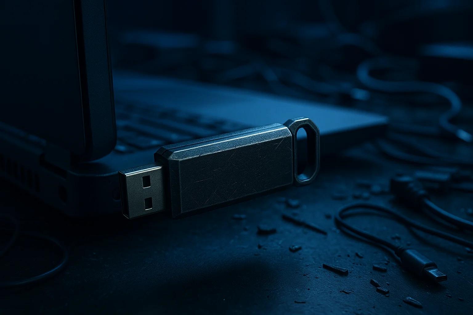 A USB drive plugged into a laptop with cables