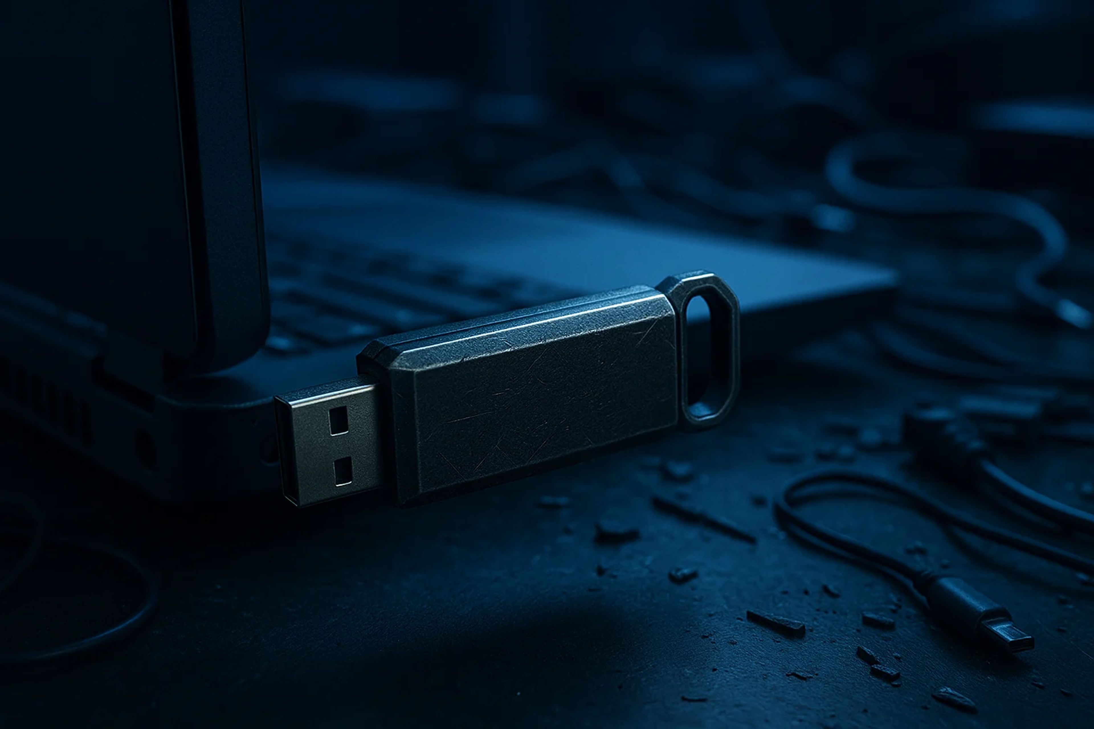 A USB drive plugged into a laptop with cables