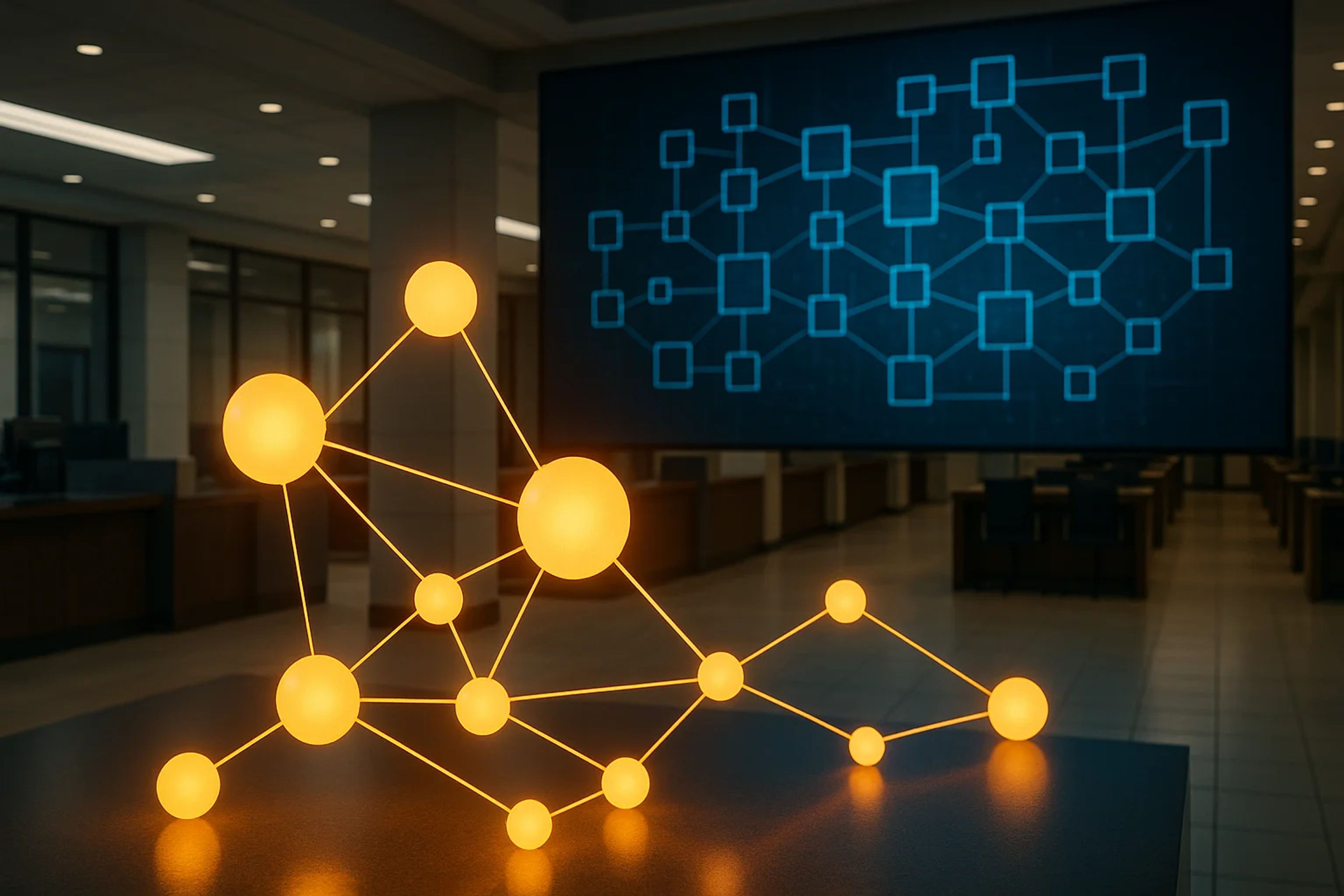 Glowing yellow spheres connected by lines in a