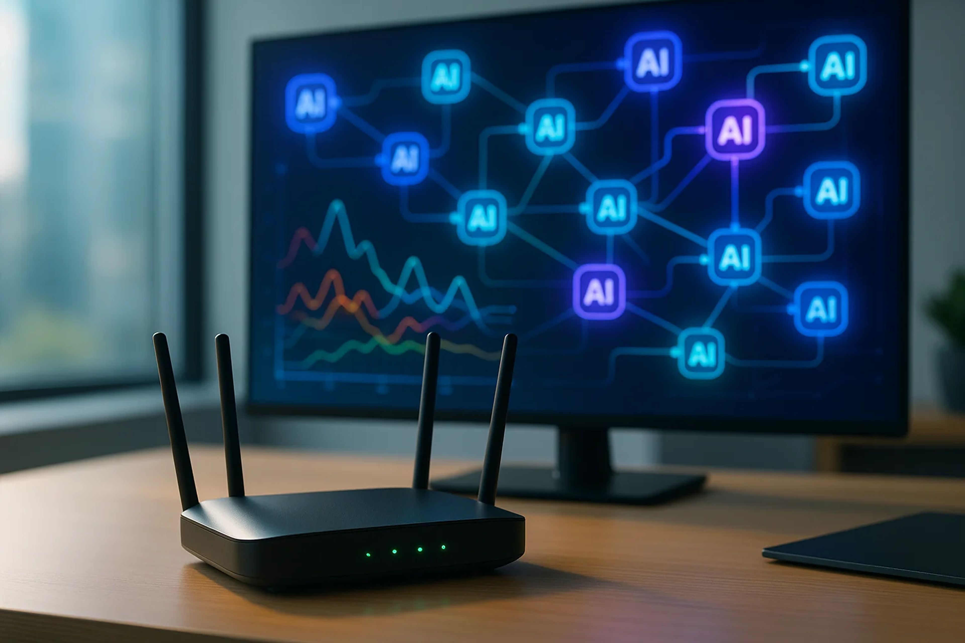 A black router with antennas on a wooden desk
