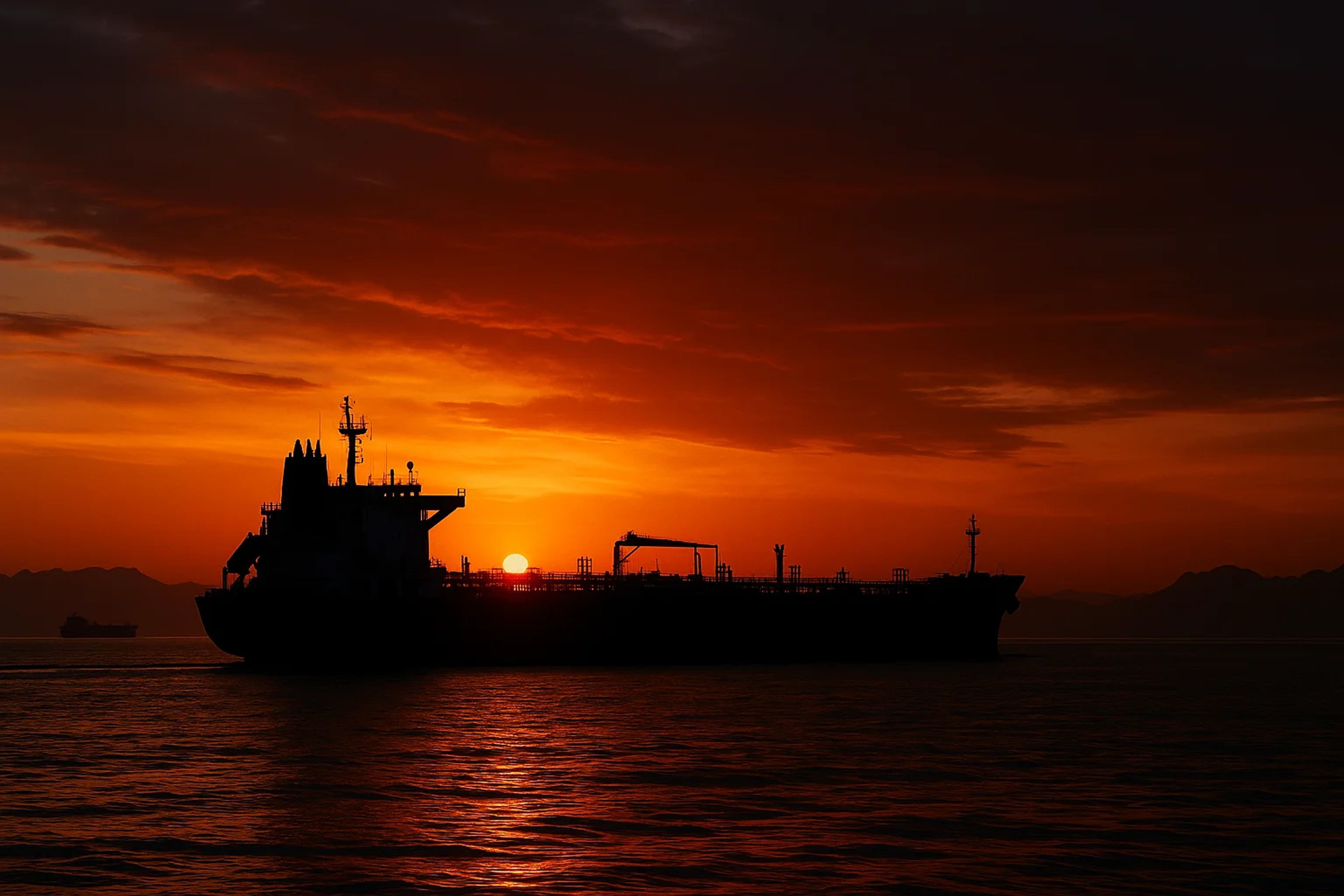 Silhouette of a ship against a sunset sky