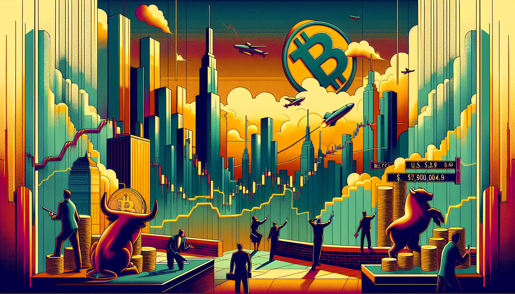 Colorful cityscape with skyscrapers, Bitcoin