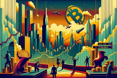 Colorful cityscape with skyscrapers, Bitcoin