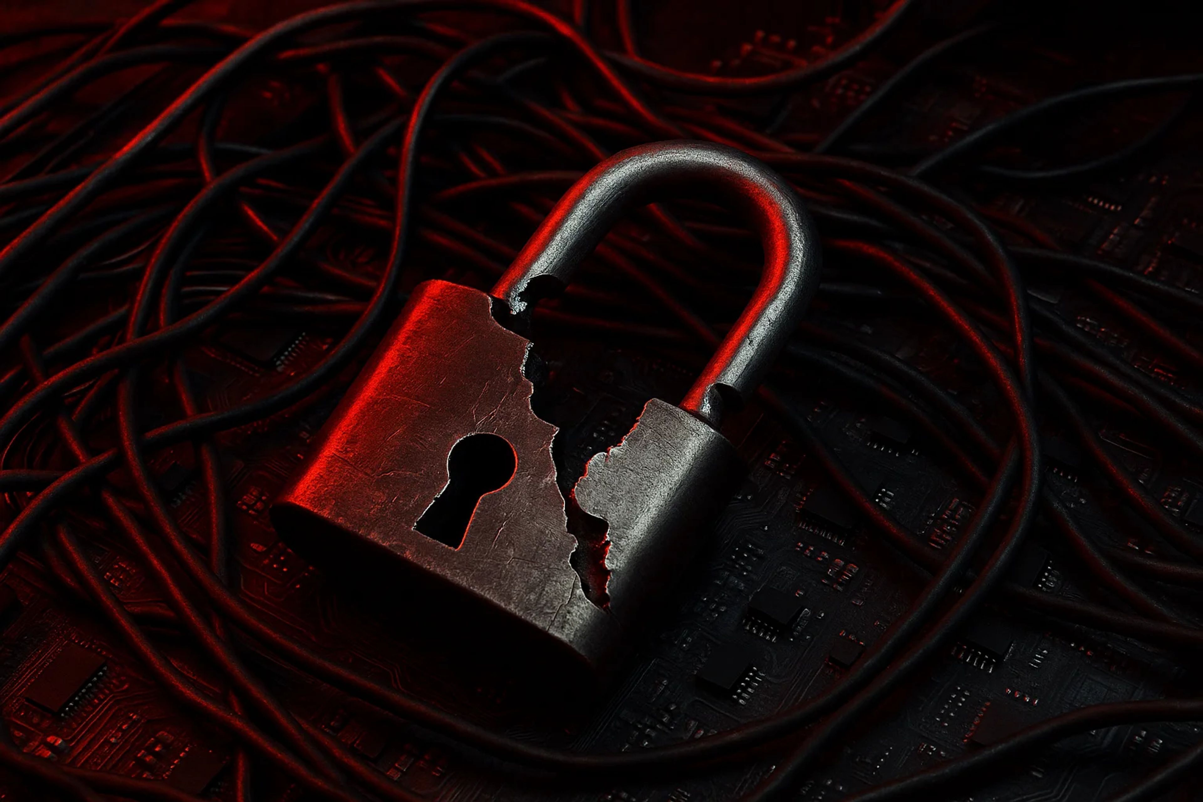 A broken padlock surrounded by tangled black wires
