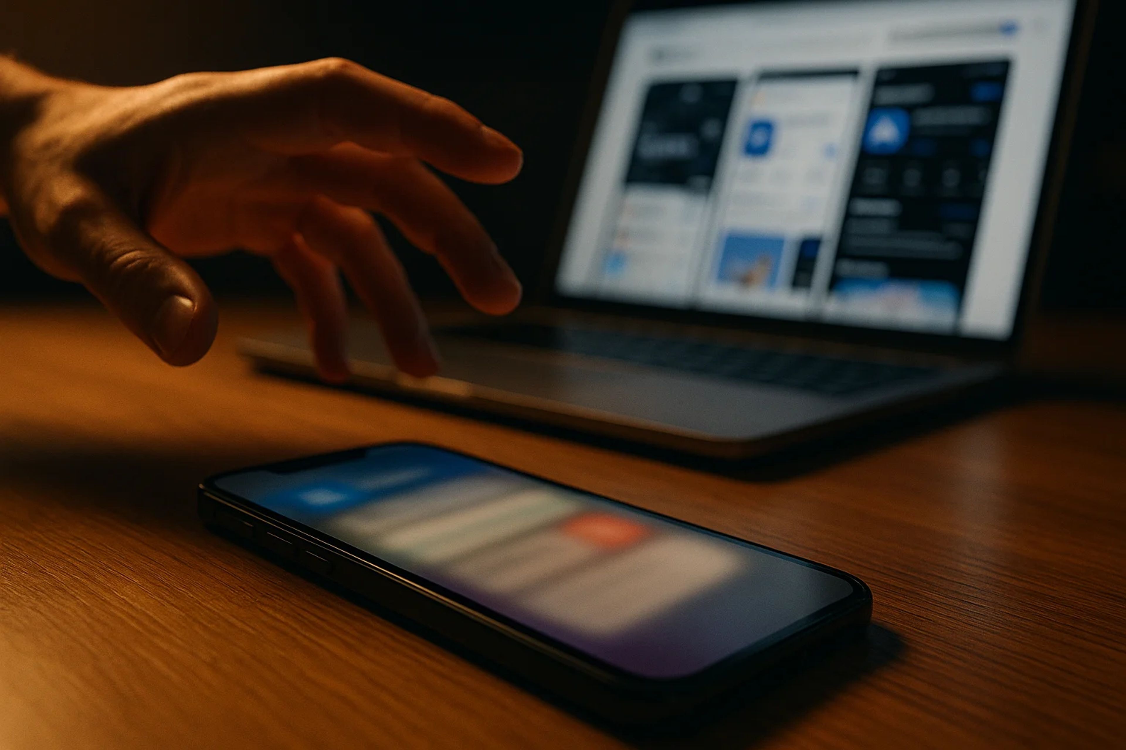 A hand reaching for a smartphone on a table, with