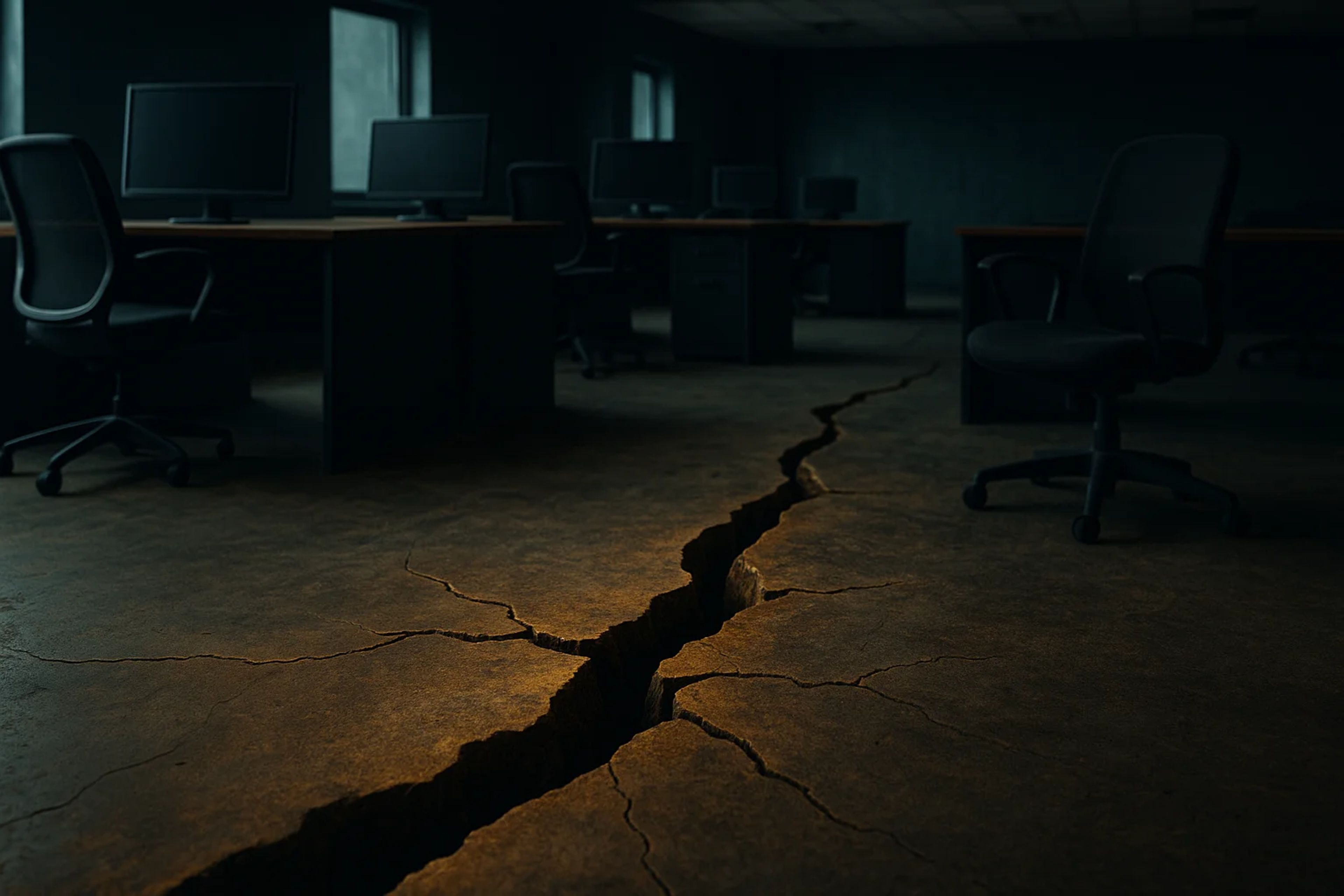 Cracked floor in a dimly lit office space