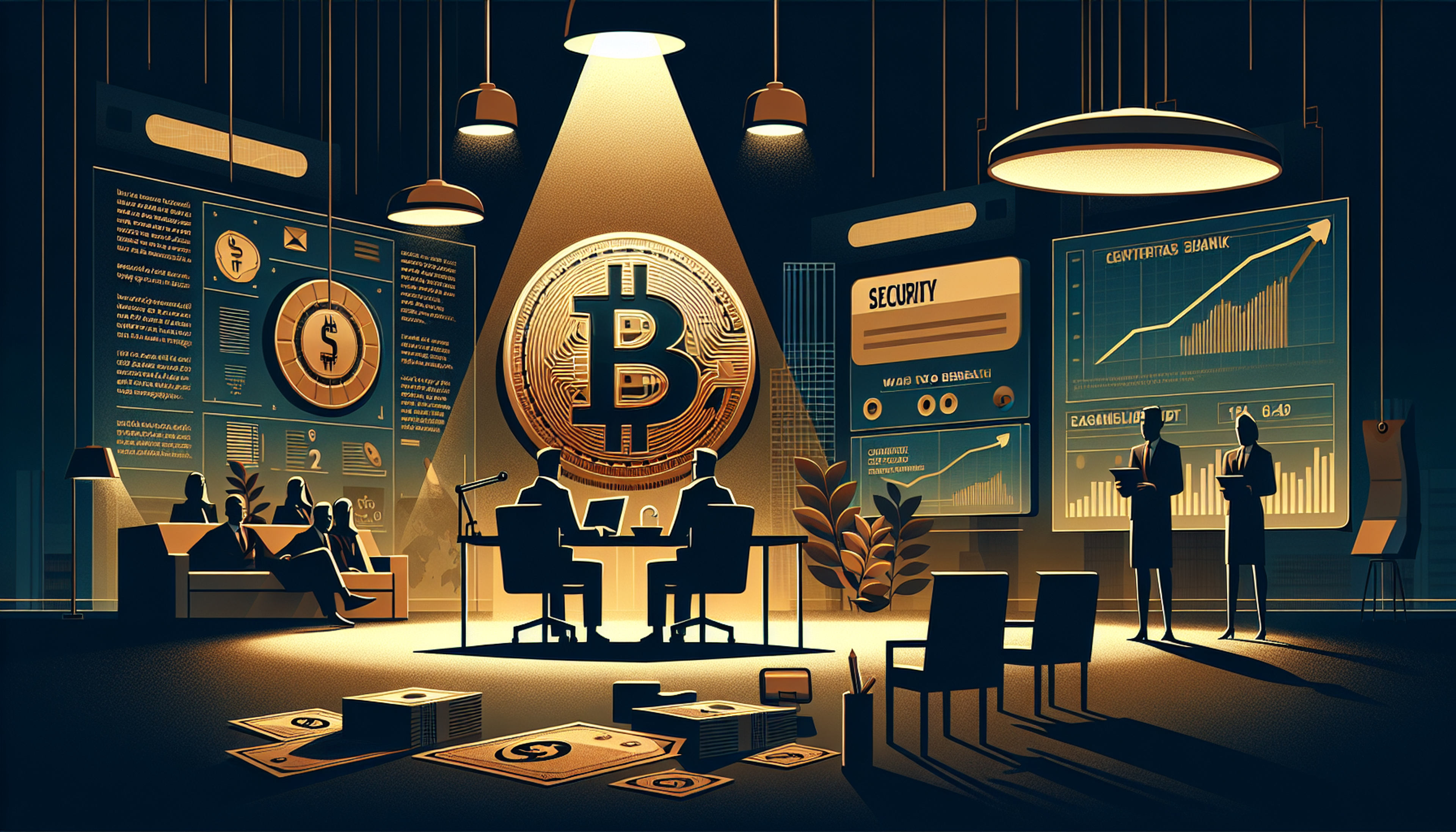 A dimly lit room with a large Bitcoin symbol