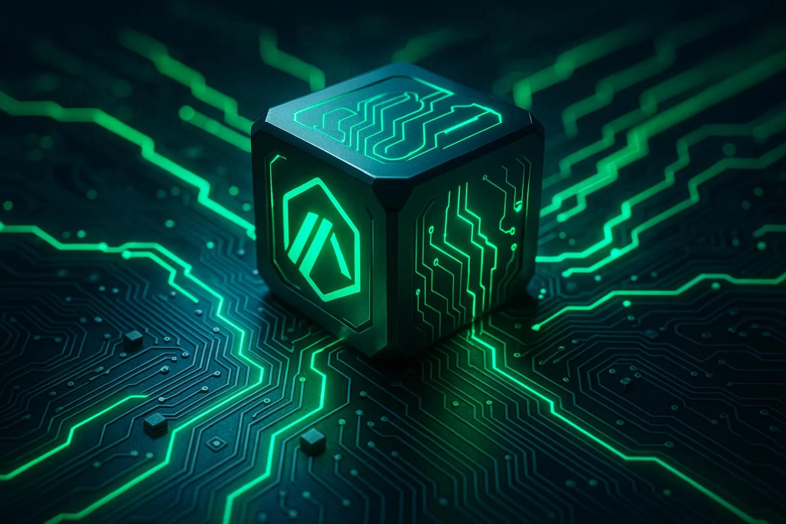A glowing green cube on a dark circuit board