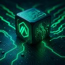 A glowing green cube on a dark circuit board