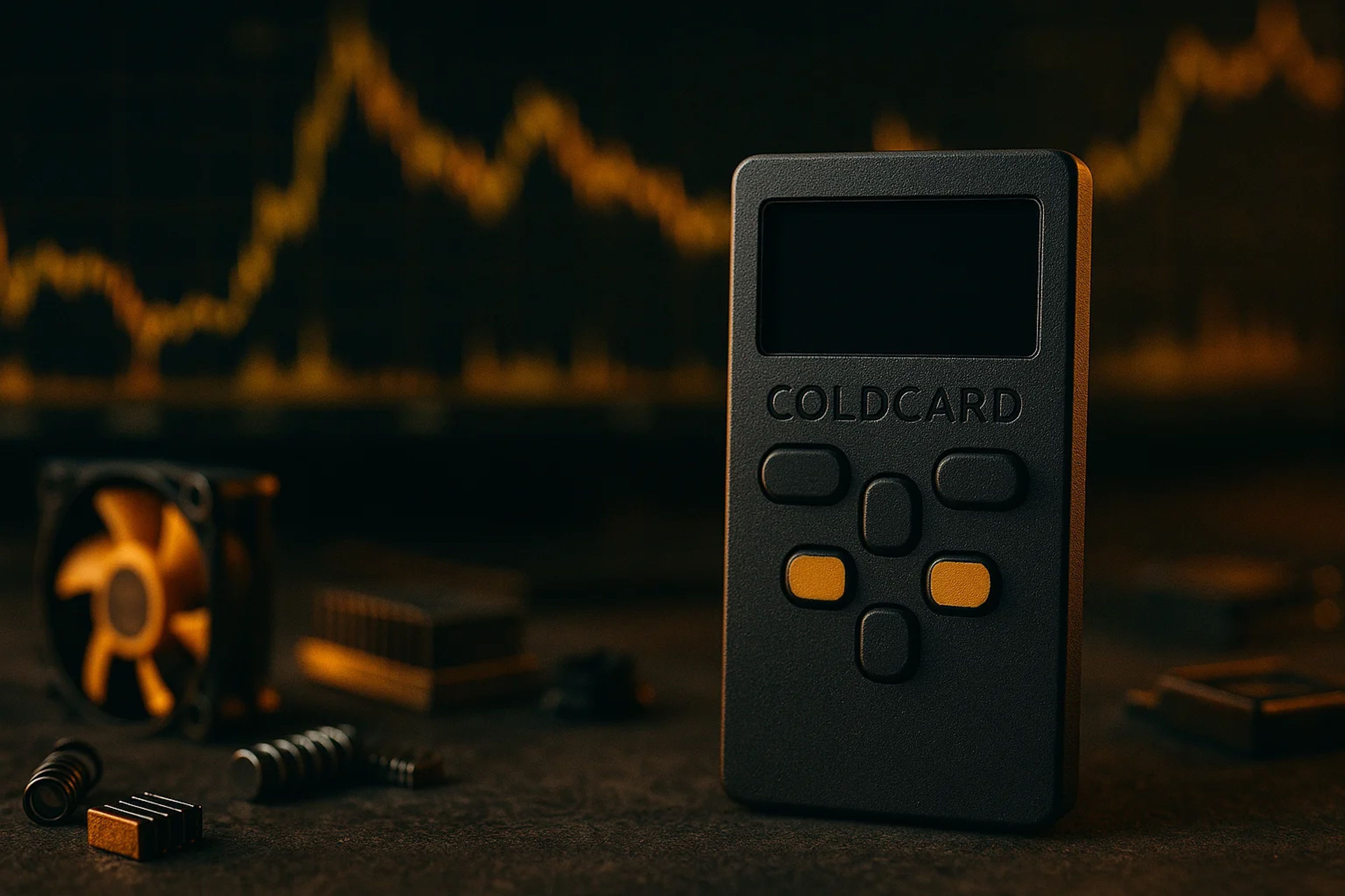 A black device with buttons, set against a dark
