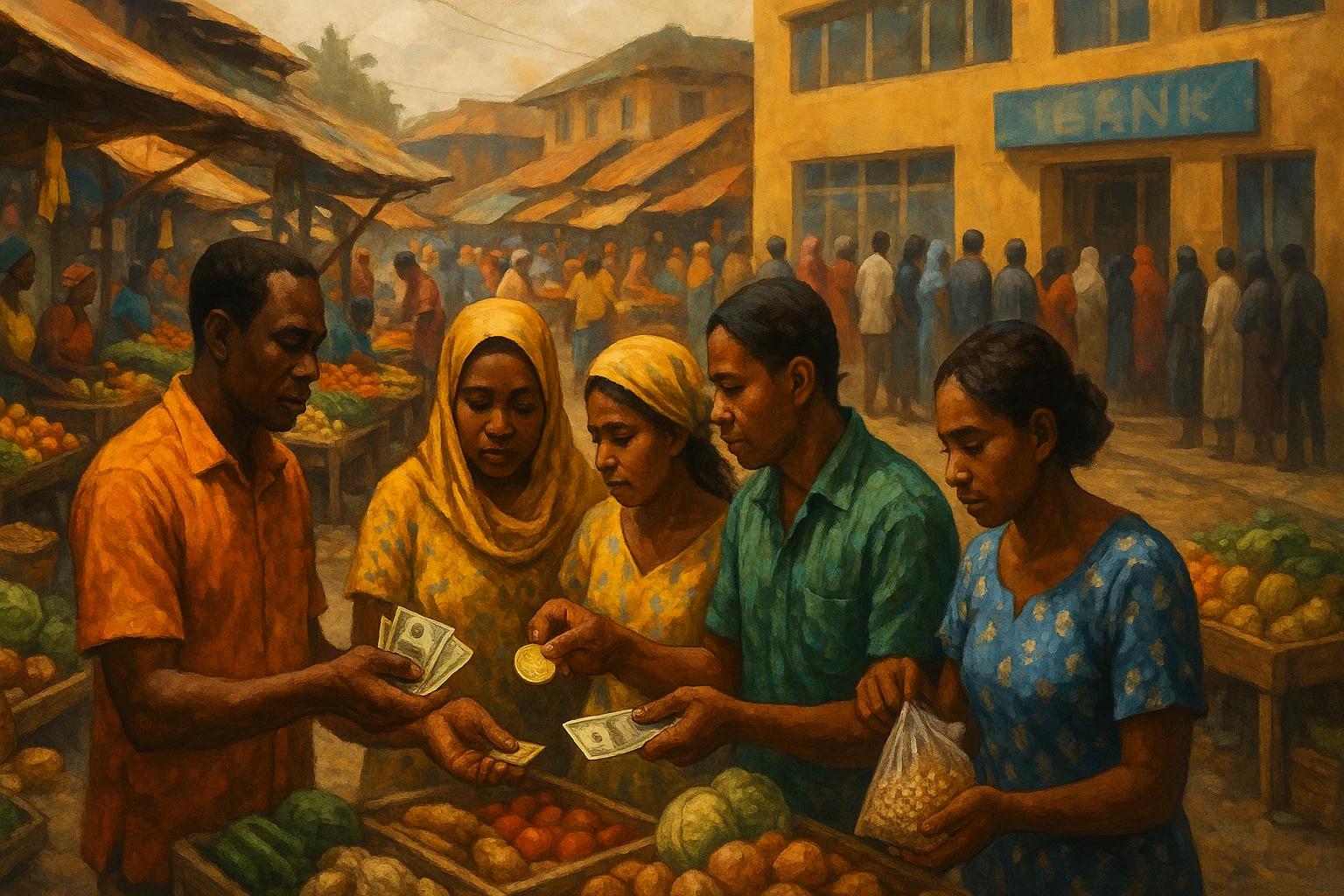 Five people exchanging money at a market stall
