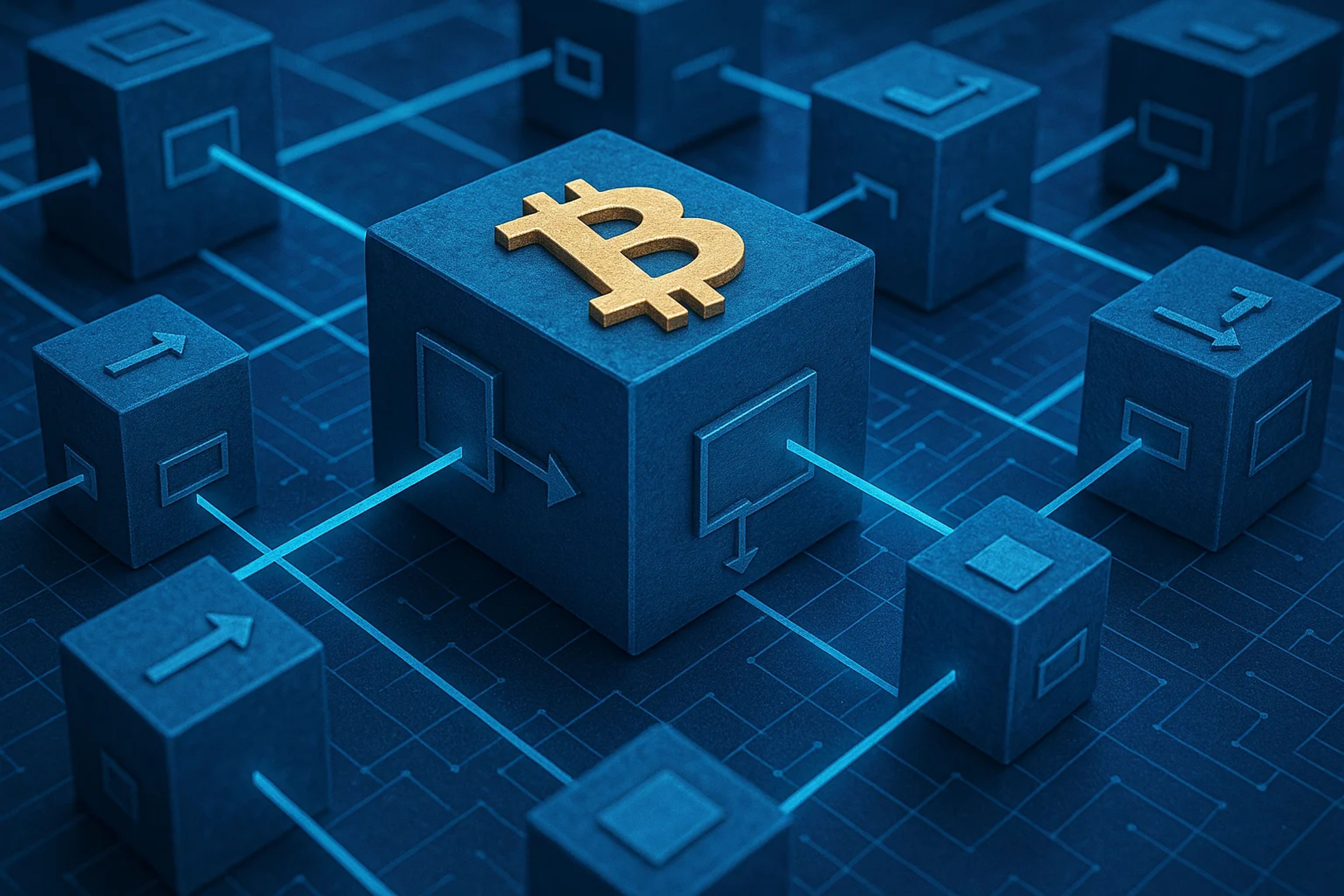 3D blocks with a Bitcoin symbol on a blue grid