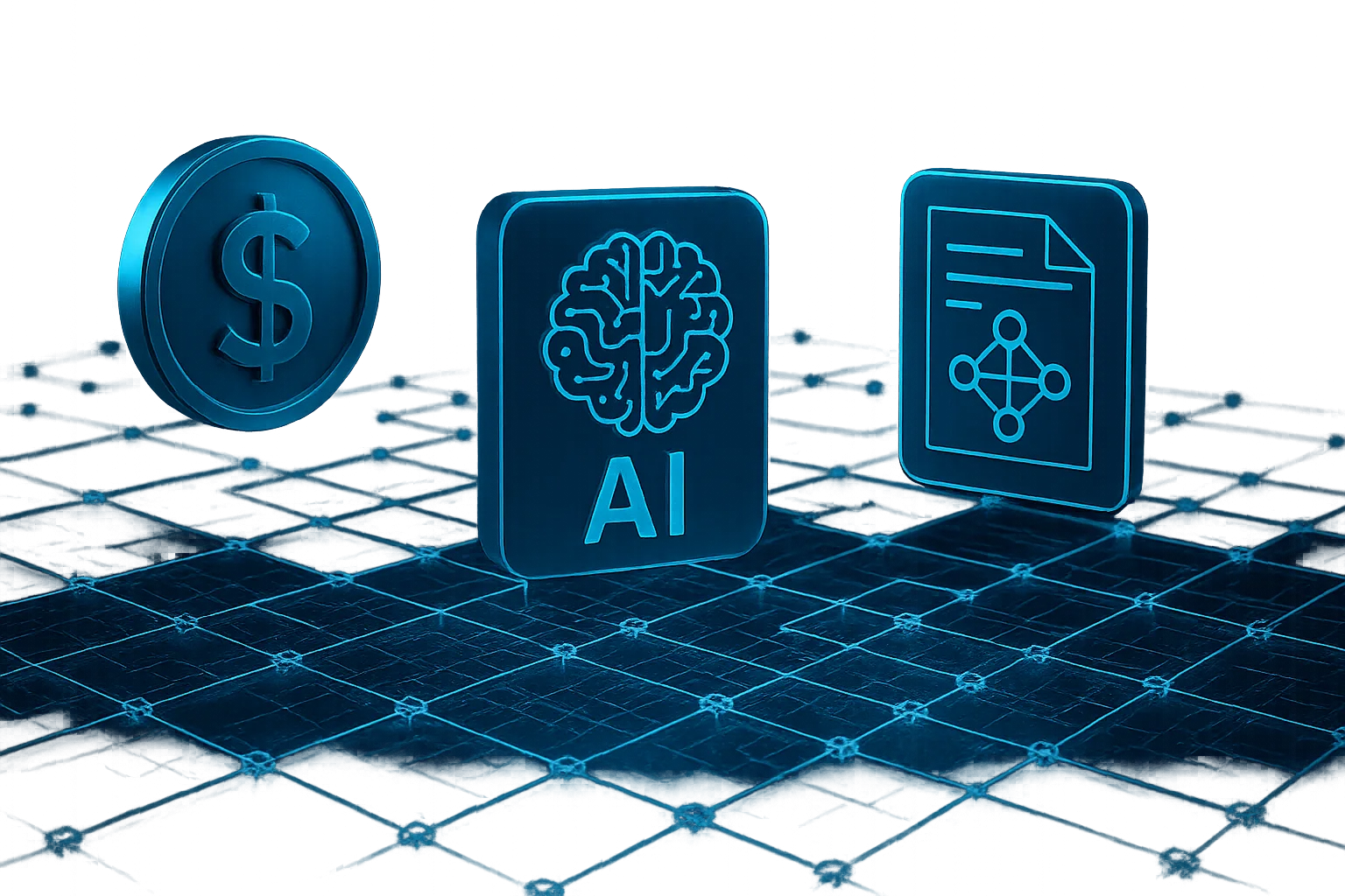 Three glowing blue icons on a grid background