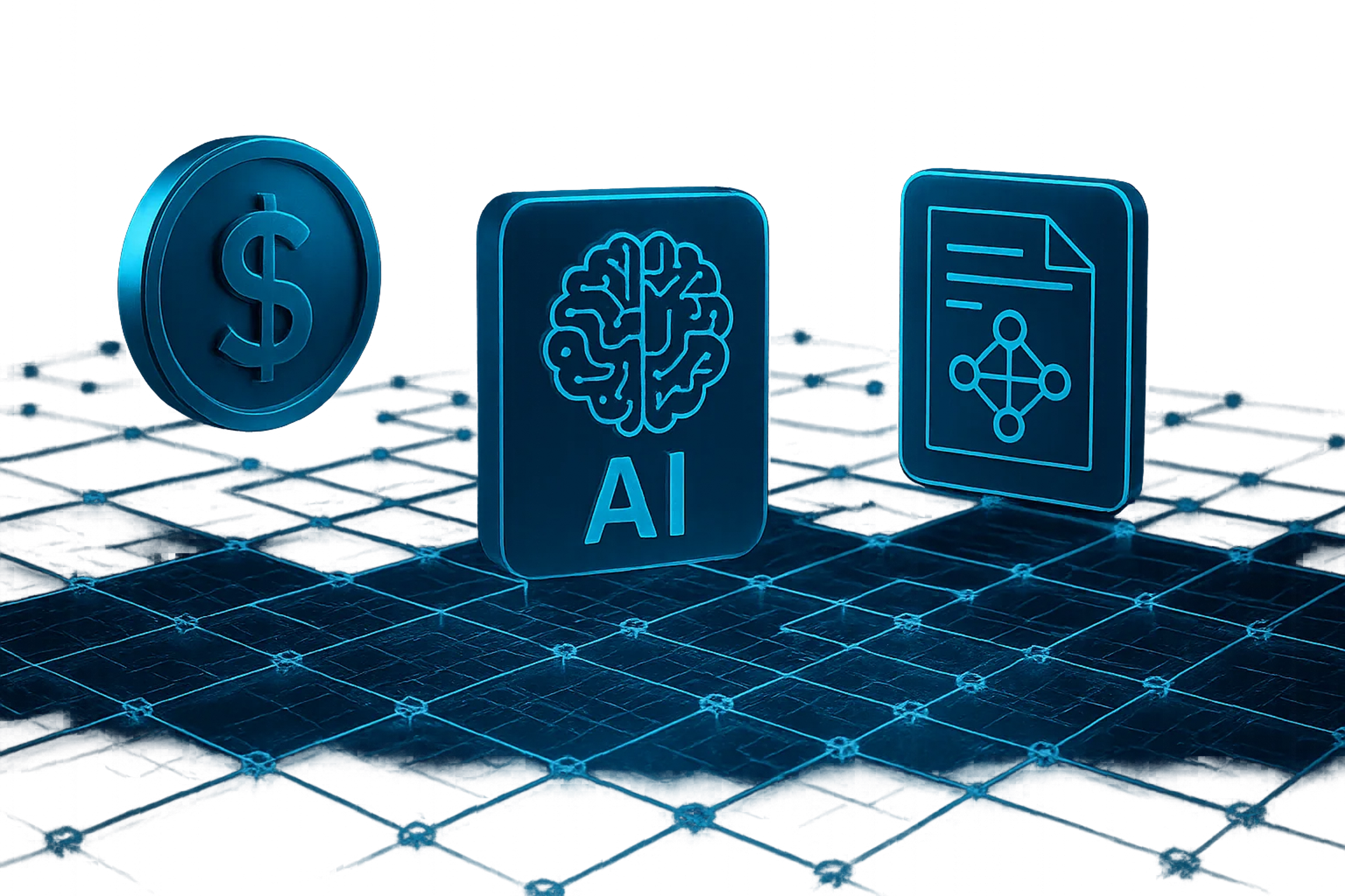 Three glowing blue icons on a grid background