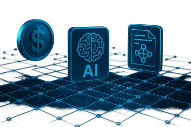 Three glowing blue icons on a grid background