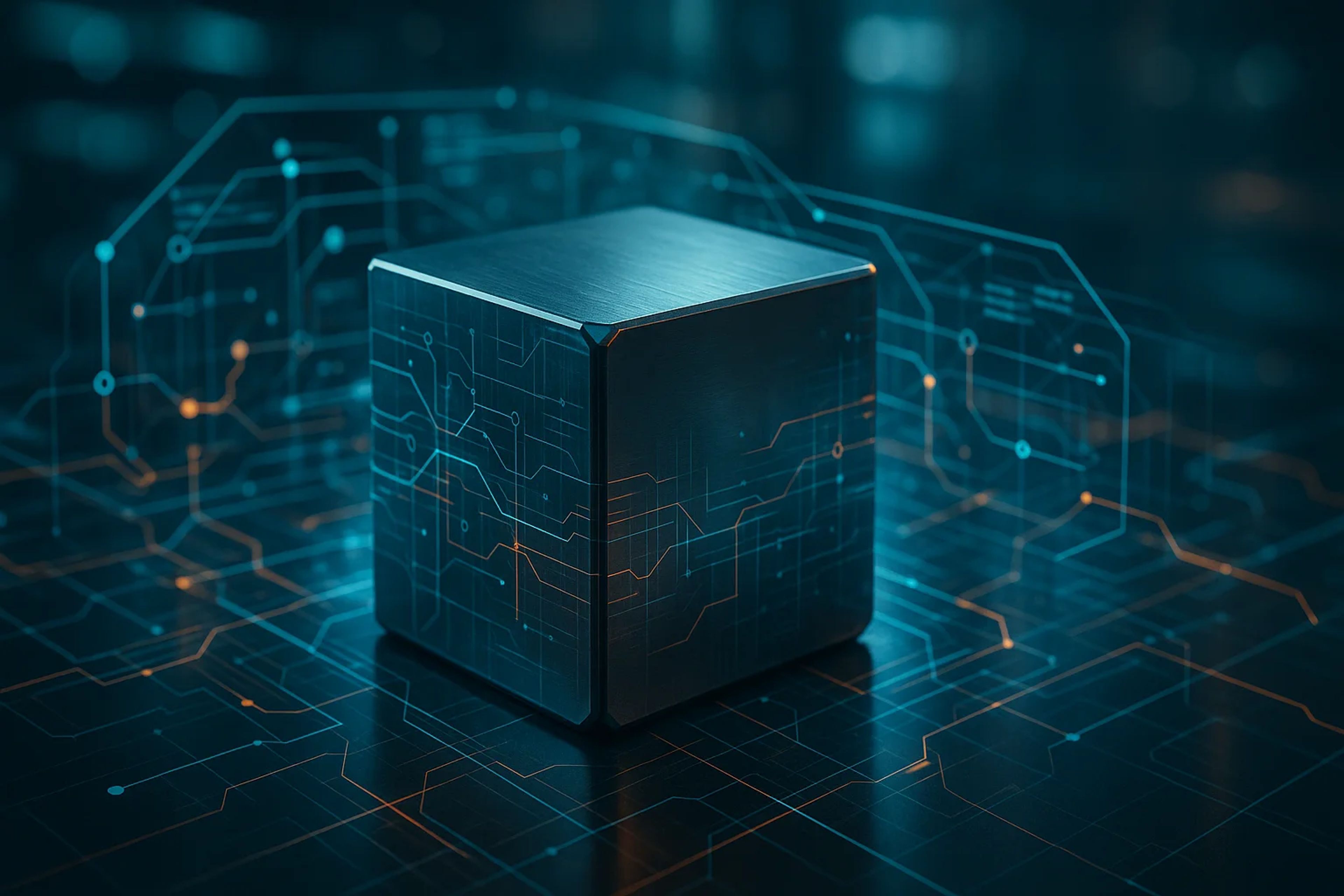 A metallic cube with glowing circuit patterns