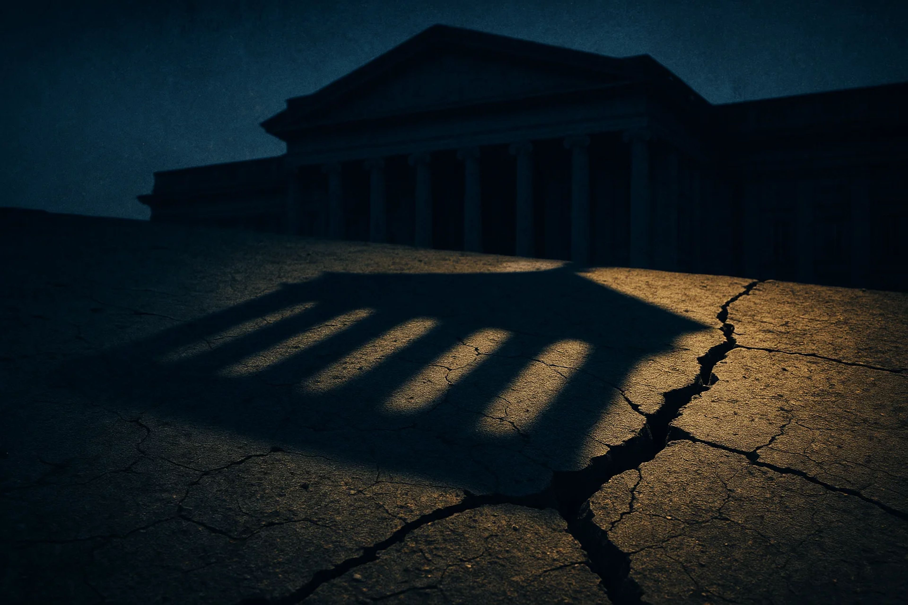 Shadow of a classical building on cracked ground