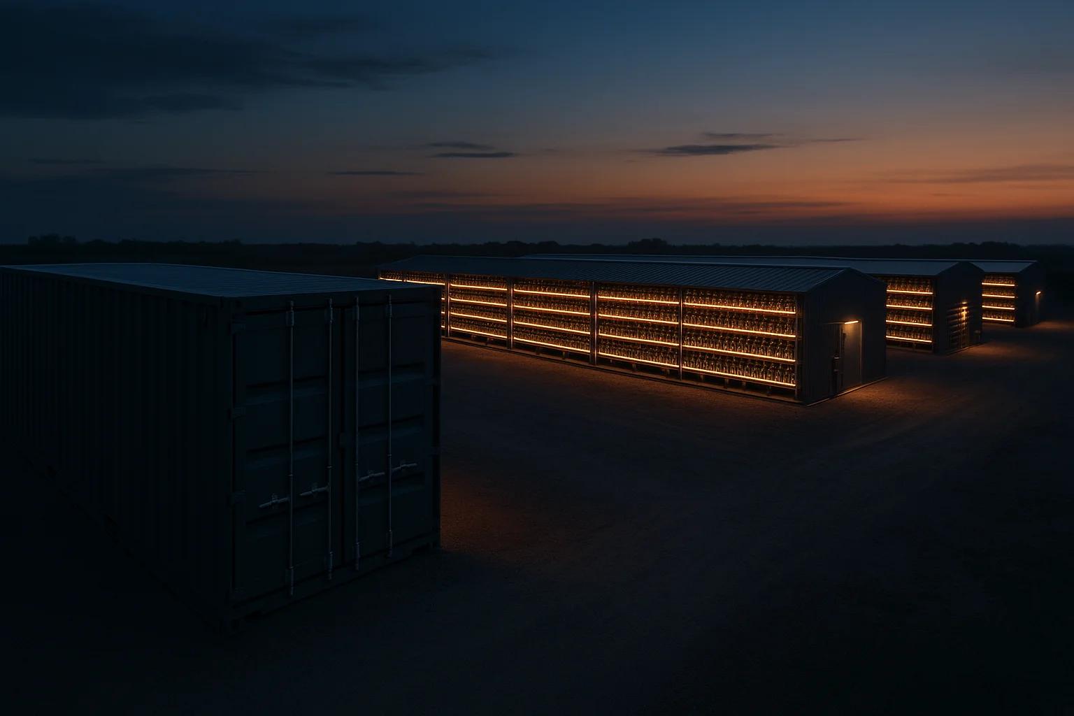 Containers and illuminated storage units at dusk