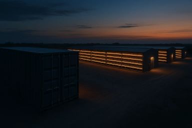 Containers and illuminated storage units at dusk