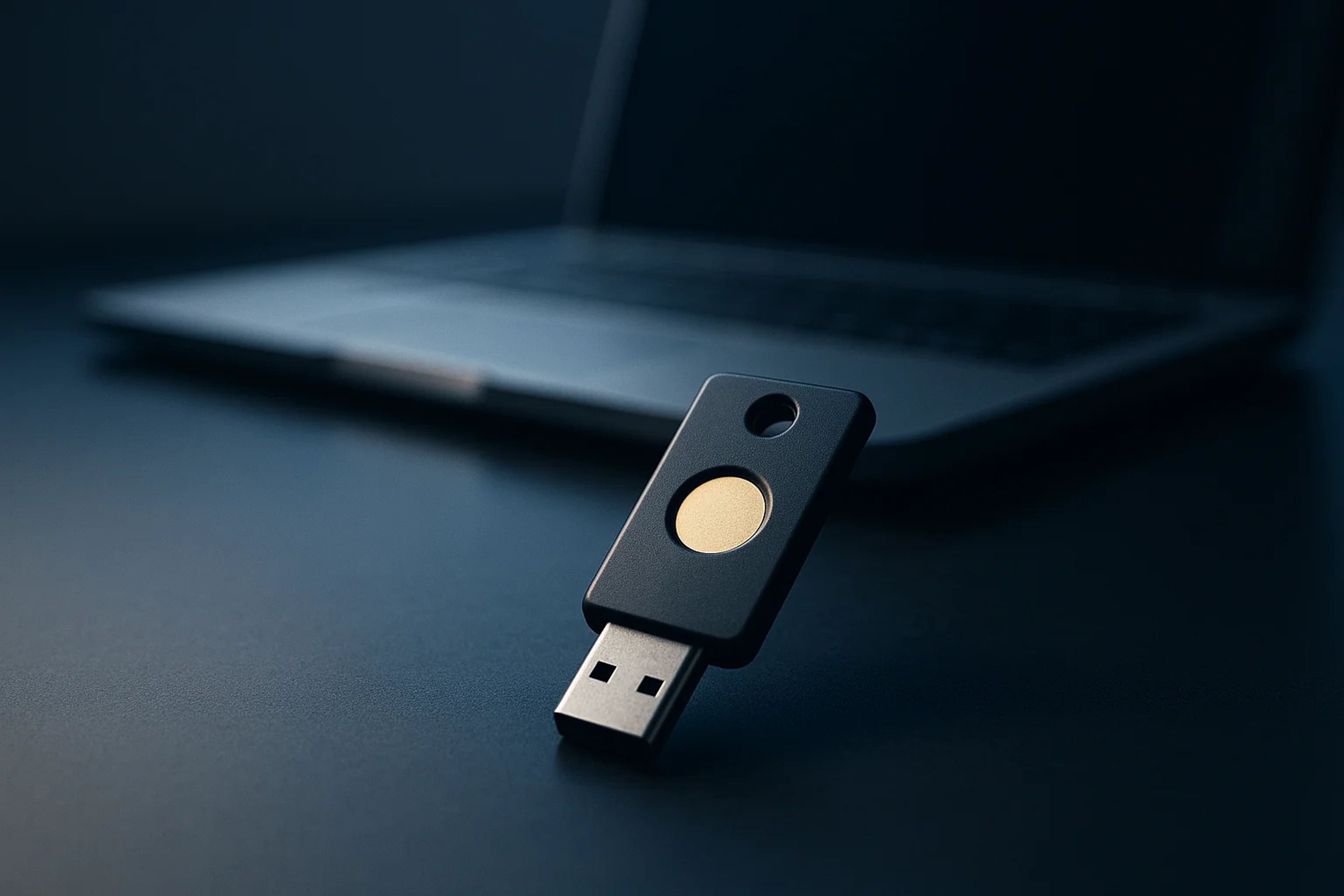 A black USB device with a gold button, positioned