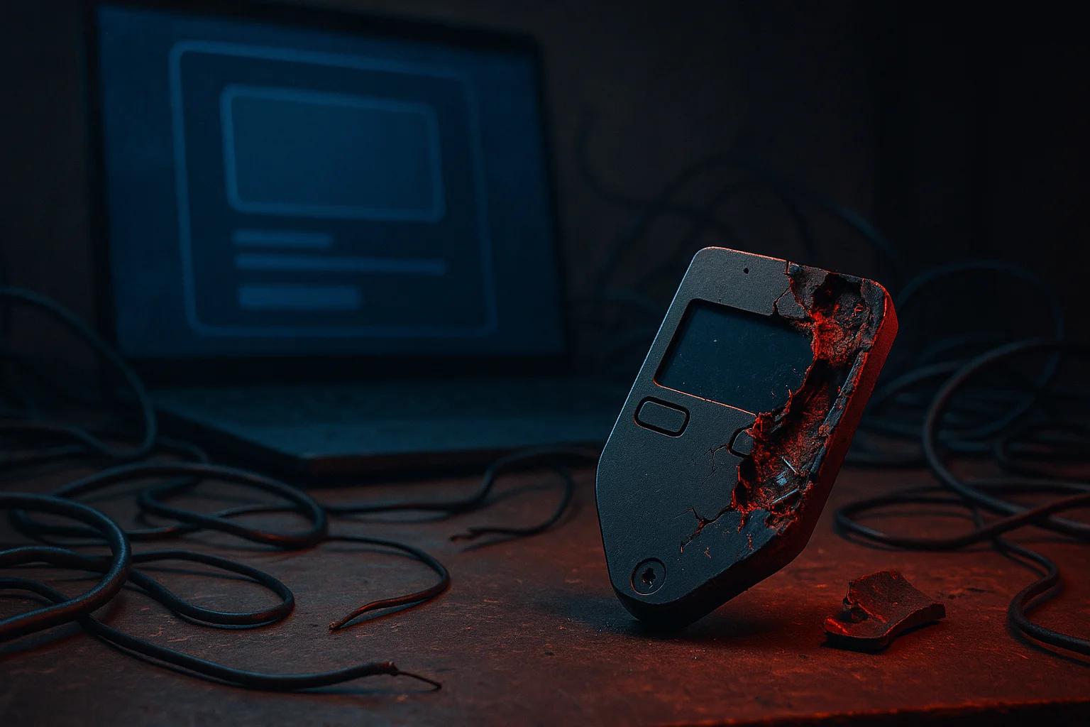 A cracked device stands on a surface with tangled