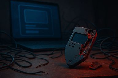 A cracked device stands on a surface with tangled