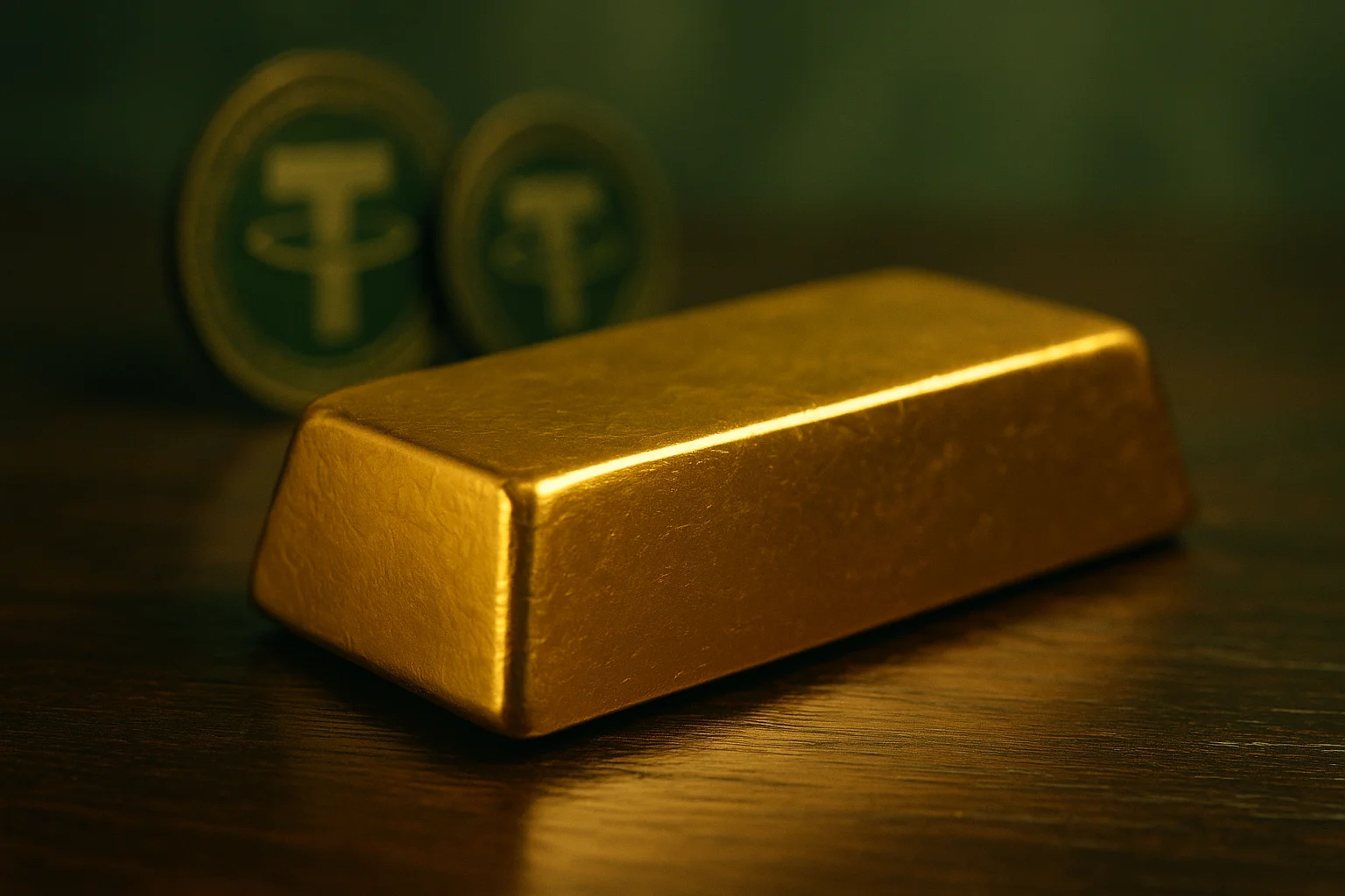 A gold bar resting on a wooden surface
