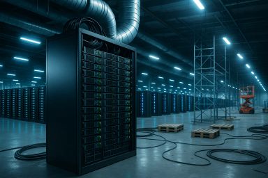 A dimly lit data center with server racks