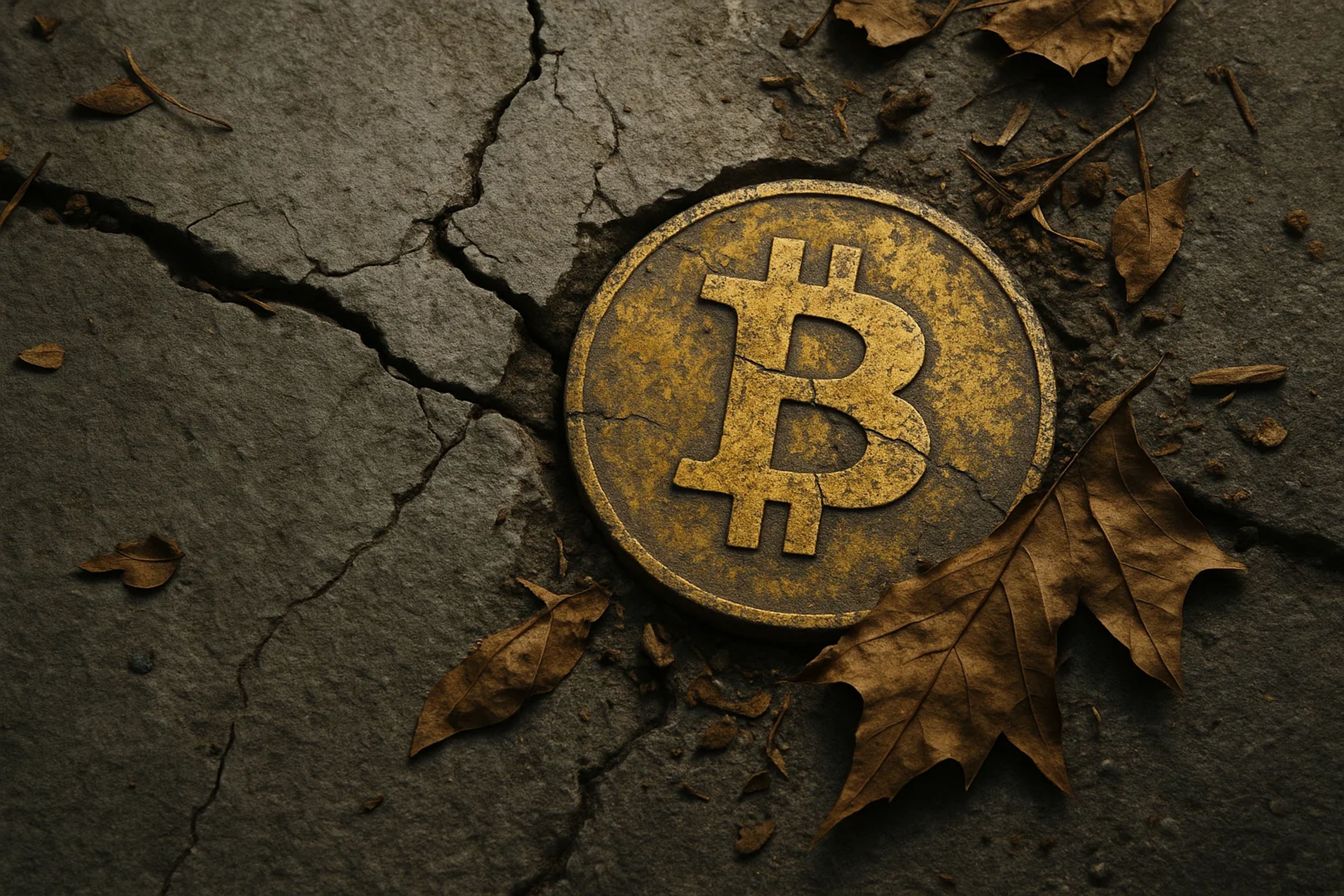 A Bitcoin symbol on cracked ground surrounded by