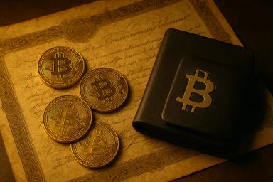 Four gold Bitcoin coins beside a black wallet