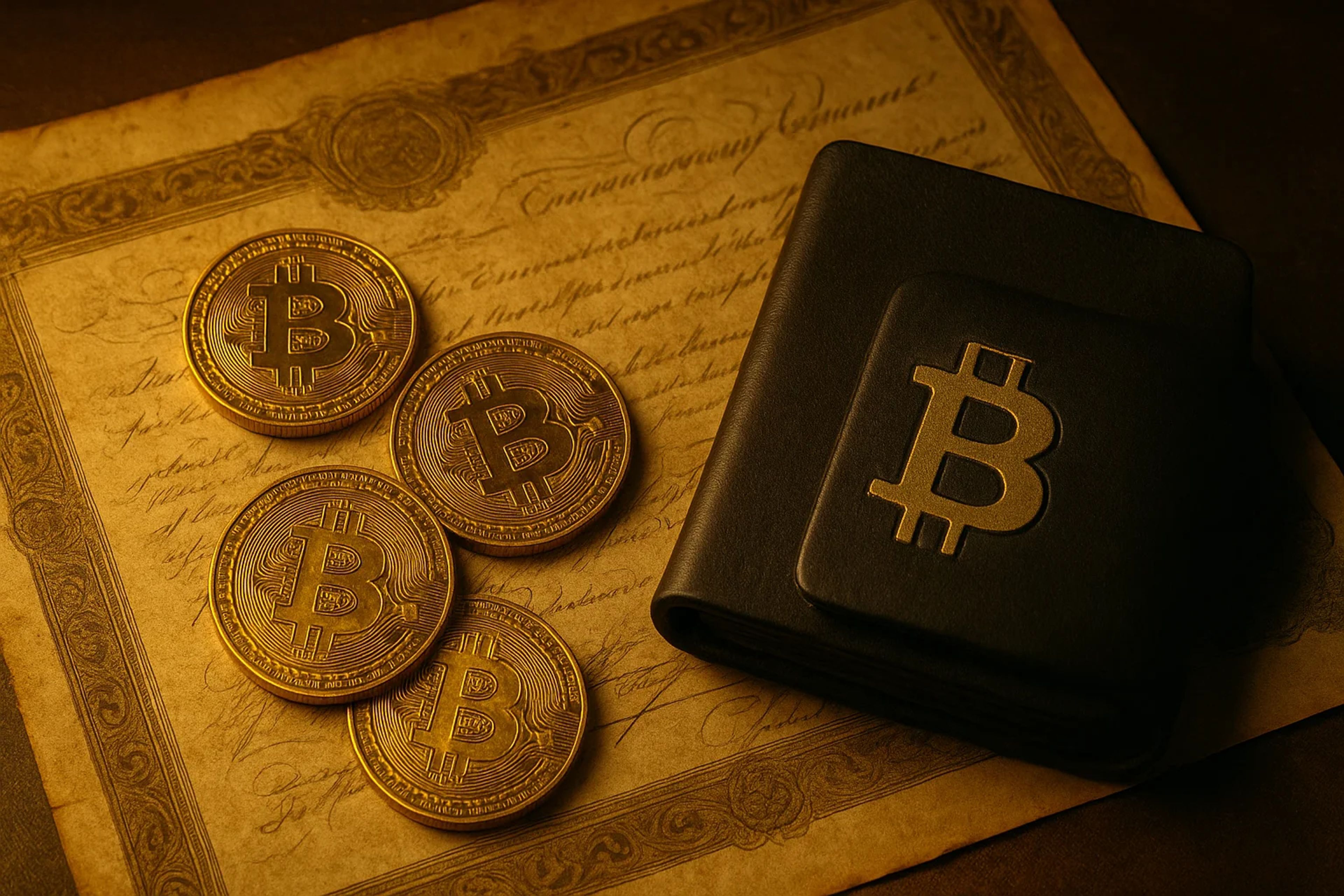 Four gold Bitcoin coins beside a black wallet