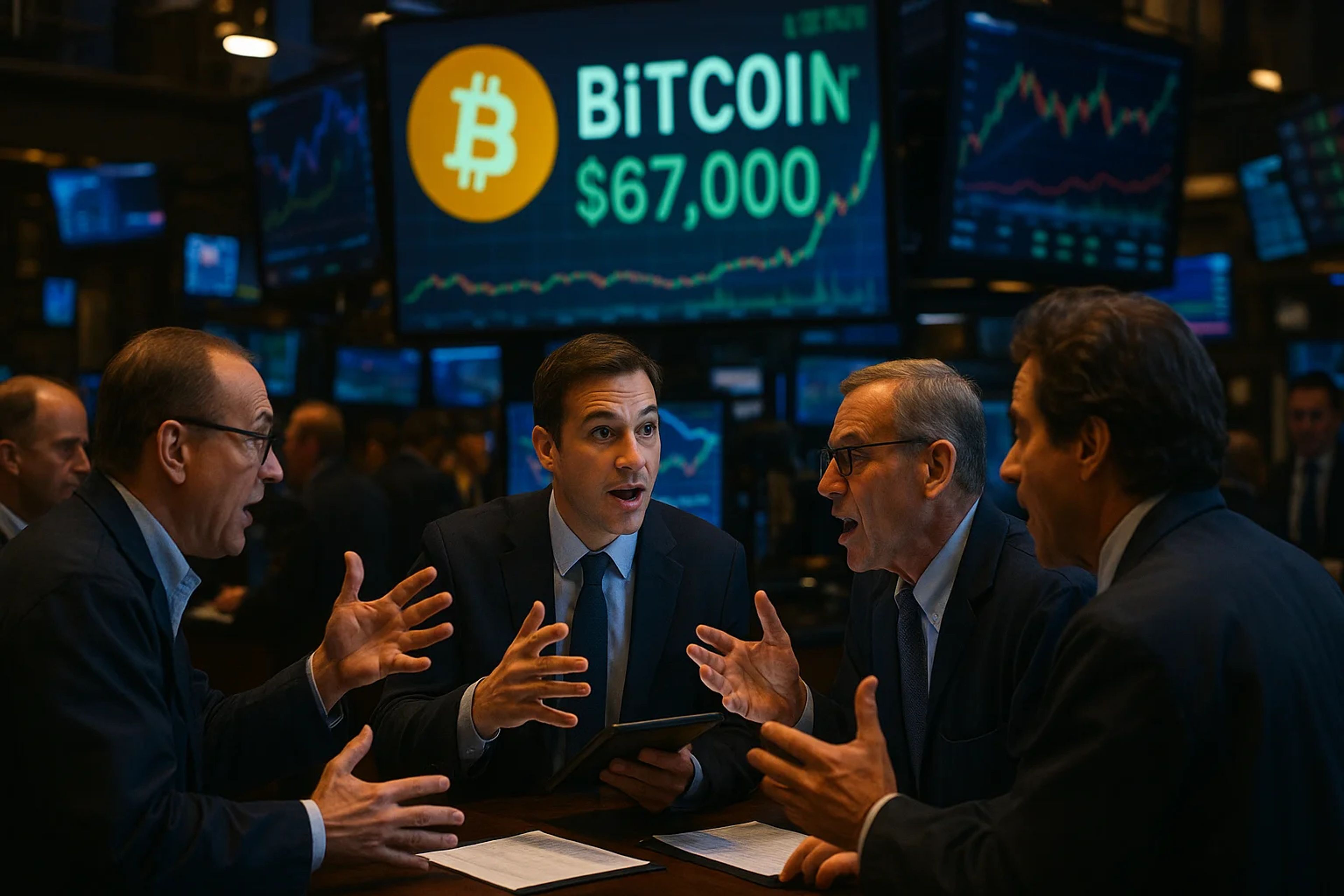 Four men in suits engaged in a lively discussion
